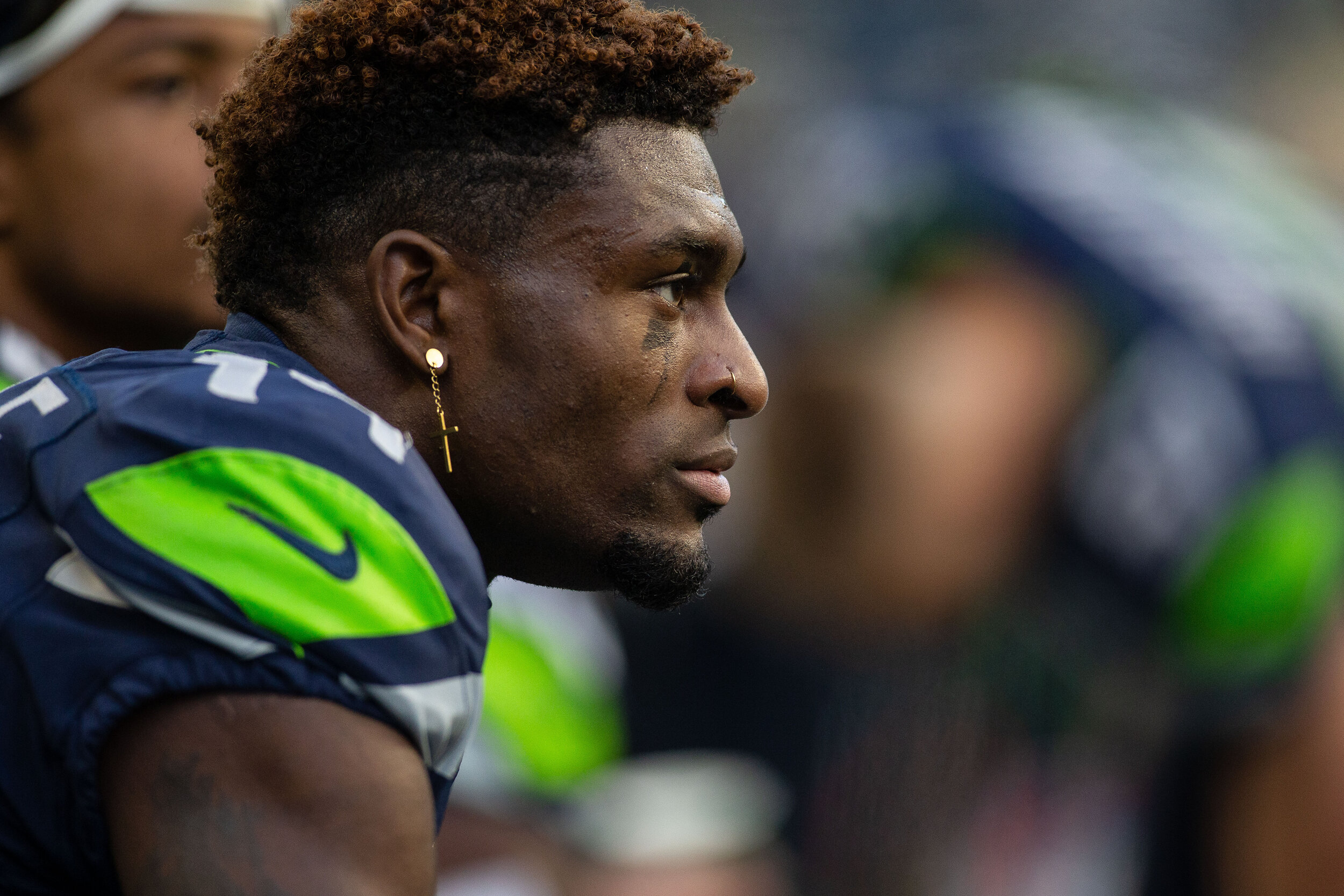  Seattle Seahawks wide receiver D.K. Metcalf (14) on the sidelines during the fourth quarter of an NFL football game against the Tampa Bay Buccaneers, Sunday, Nov. 3, 2019, in Seattle. Seattle defeated Tampa Bay 40-34 in overtime. (Matt Ferris/Image 