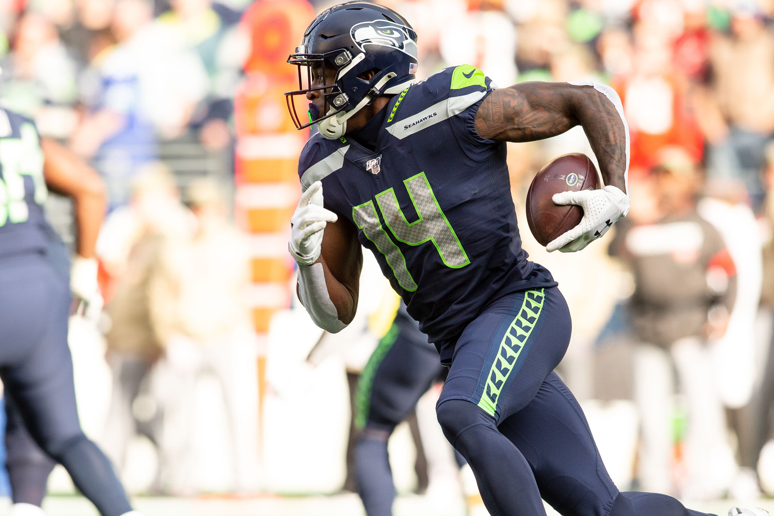  Seattle Seahawks wide receiver D.K. Metcalf (14) runs with the ball during the second quarter of an NFL football game against the Tampa Bay Buccaneers, Sunday, Nov. 3, 2019, in Seattle. Seattle defeated Tampa Bay 40-34 in overtime. (Matt Ferris/Imag