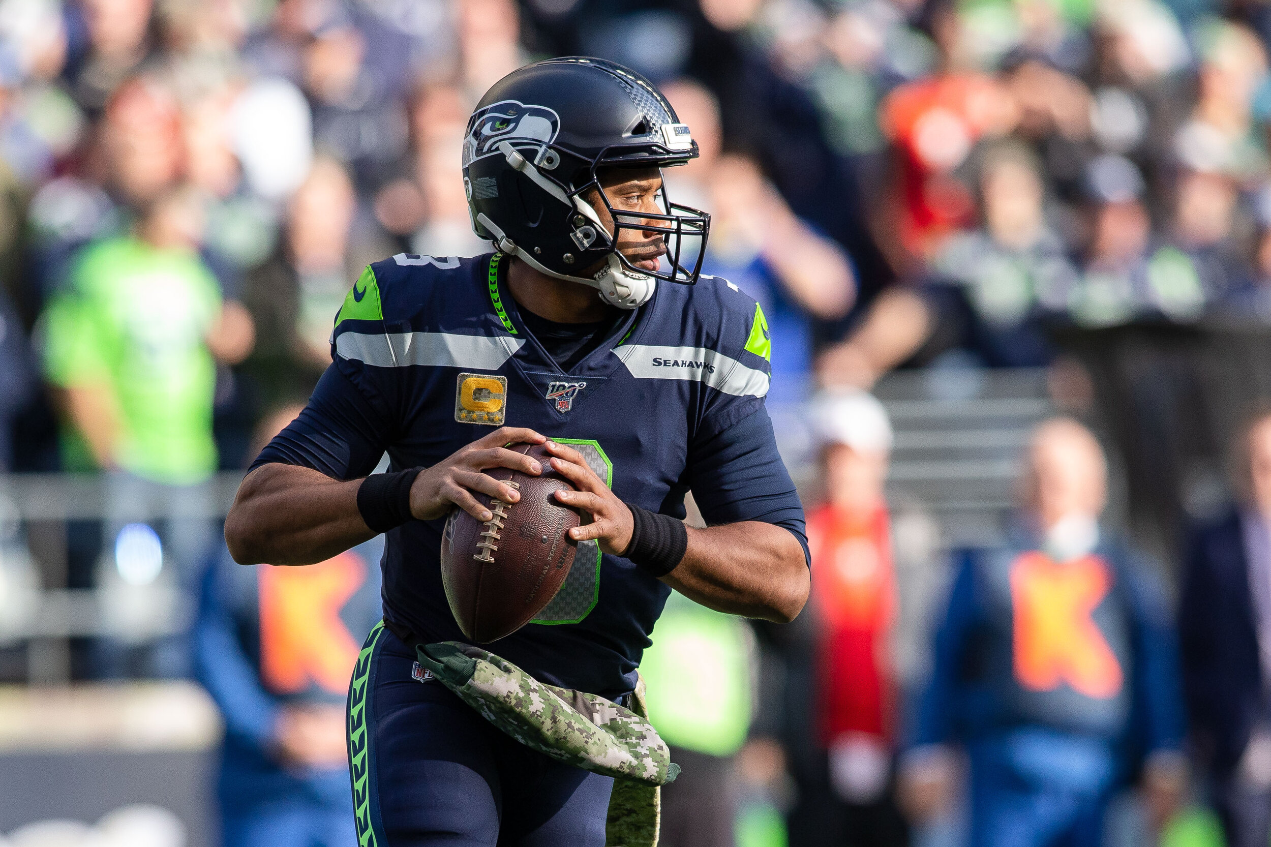  Seattle Seahawks quarterback Russell Wilson (3) looks for an open receiver the first quarter of an NFL football game against the Tampa Bay Buccaneers, Sunday, Nov. 3, 2019, in Seattle. Seattle defeated Tampa Bay 40-34 in overtime. (Matt Ferris/Image