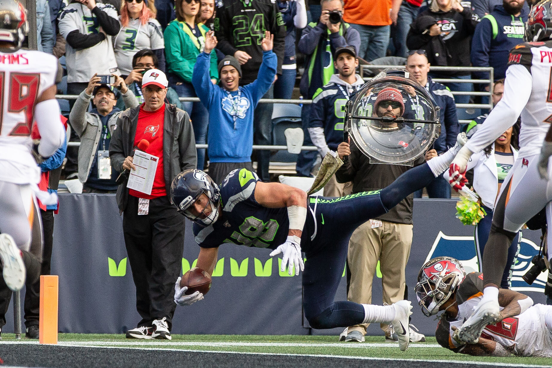  Seattle Seahawks tight end Jacob Hollister (48) breaks across the goal line during the second quarter of an NFL football game against the Tampa Bay Buccaneers, Sunday, Nov. 3, 2019, in Seattle. Seattle defeated Tampa Bay 40-34 in overtime. (Matt Fer