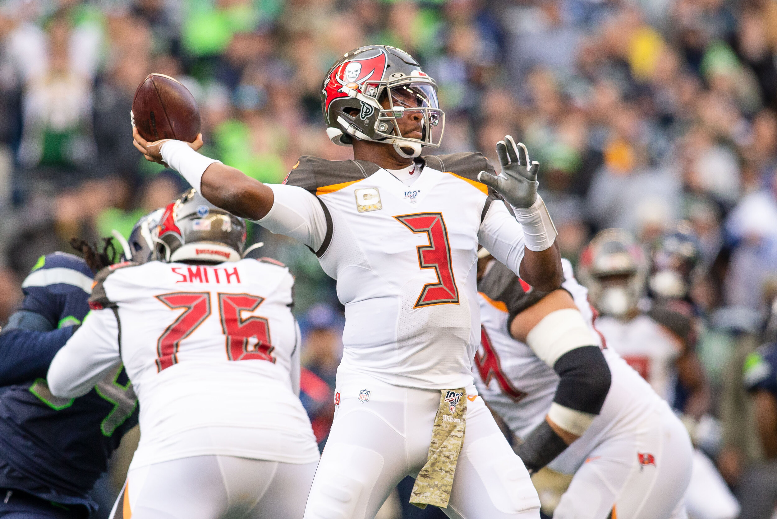 Tampa Bay Buccaneers quarterback Jameis Winston (3) passes the ball during the third quarter of an NFL football game against the Seattle Seahawks, Sunday, Nov. 3, 2019, in Seattle. Seattle defeated Tampa Bay 40-34 in overtime. (Matt Ferris/Image of 