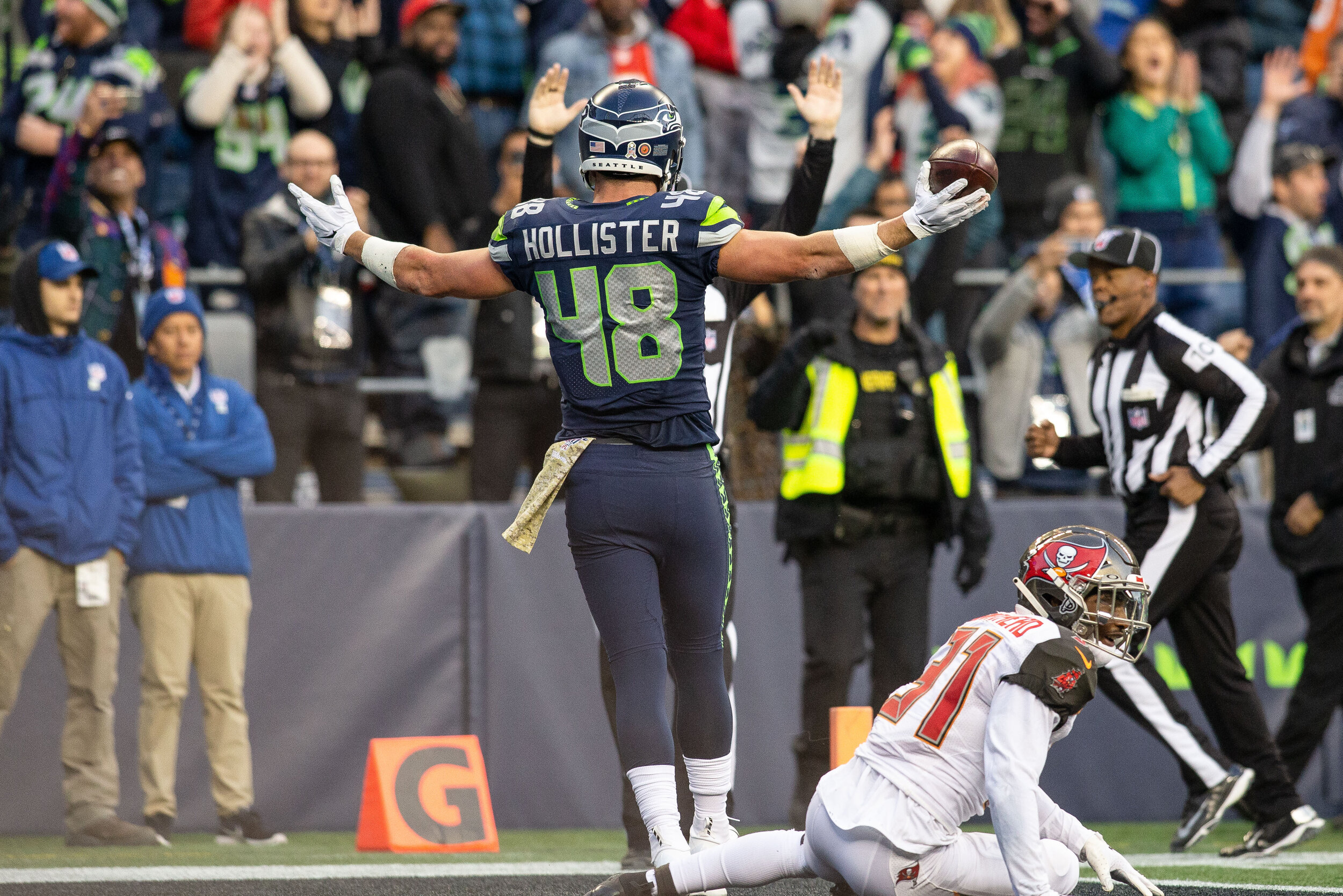  Seattle Seahawks tight end Jacob Hollister (48) reacts to scoring the game winning touchdown reception from quarterback Russell Wilson (3) in overtime of an NFL football game, Sunday, Nov. 3, 2019, in Seattle. Seattle defeated Tampa Bay 40-34 in ove