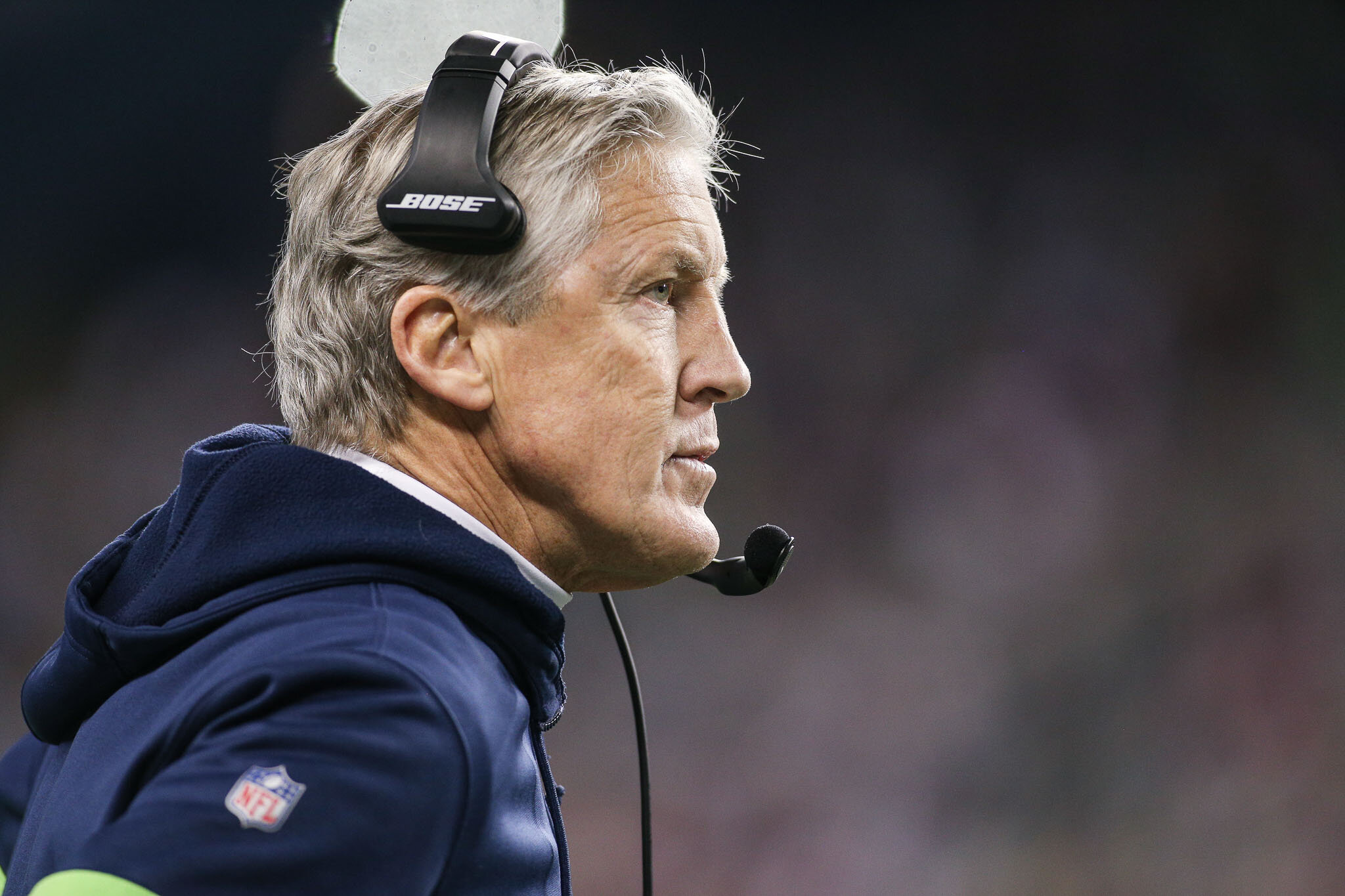 Seattle Seahawks head coach Pete Carroll on the sidelines during the first quarter of an NFL football game against the San Francisco 49ers, Sunday, December 29, 2019, in Seattle. The 49ers defeat the Seahawks 26-21. (Matt Ferris/Image of Sport) 