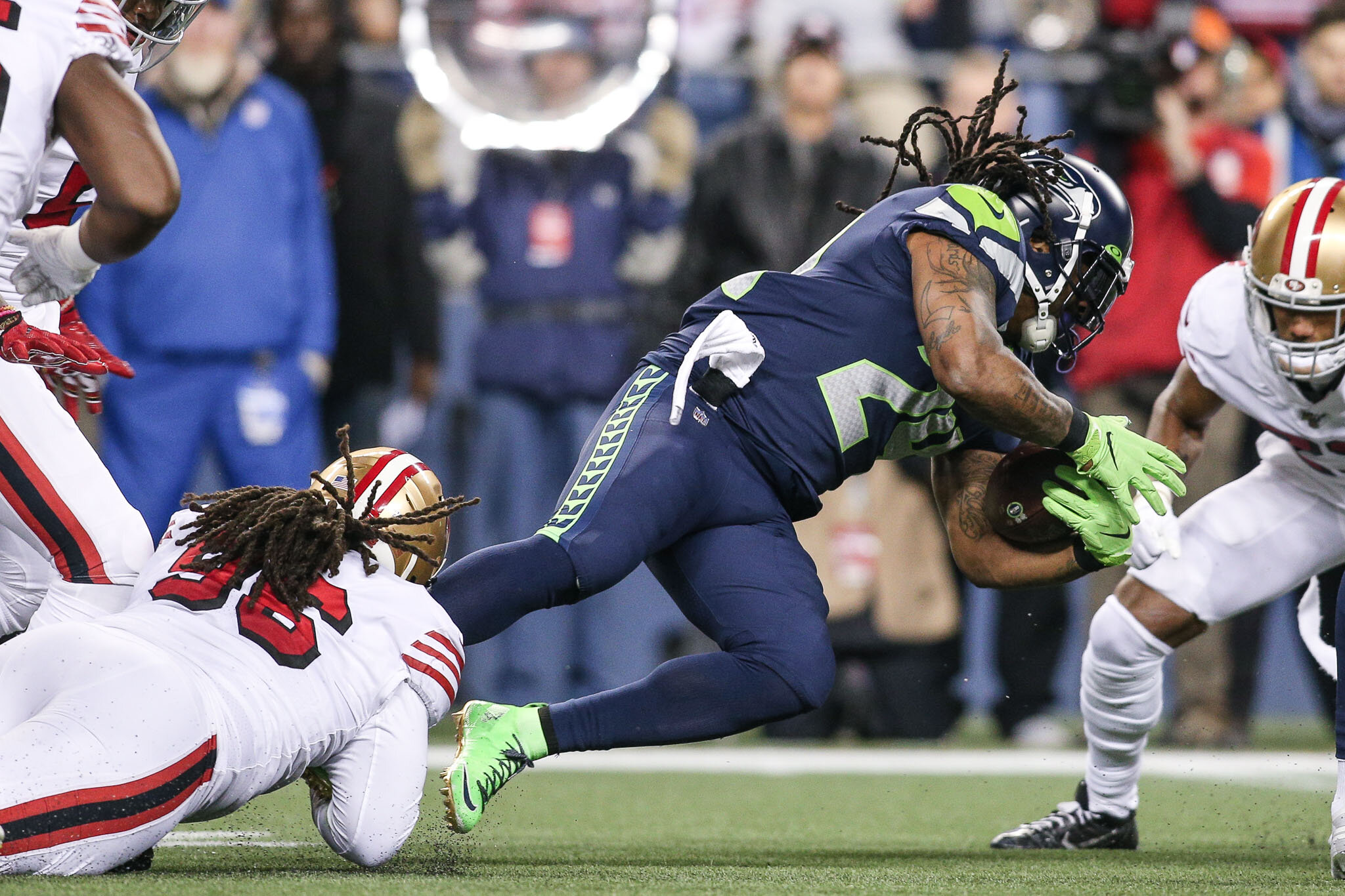  Seattle Seahawks running back Marshawn Lynch (24) dives for extra yards after contact during the second quarter of an NFL football game against the San Francisco 49ers, Sunday, December 29, 2019, in Seattle. The 49ers defeat the Seahawks 26-21. (Mat