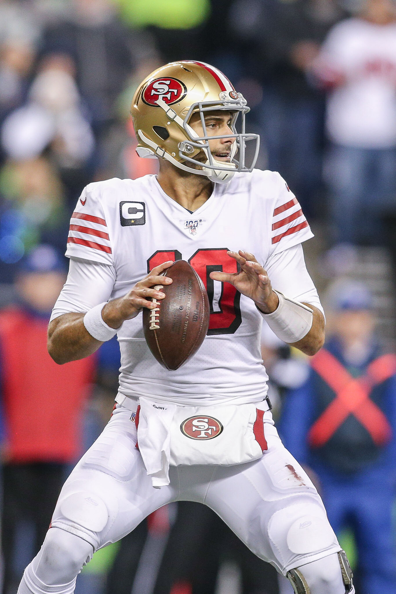  San Francisco 49ers quarterback Jimmy Garoppolo (10) drops back in the pocket to pass during the third quarter of an NFL football game against the Seattle Seahawks, Sunday, December 29, 2019, in Seattle. The 49ers defeat the Seahawks 26-21. (Matt Fe