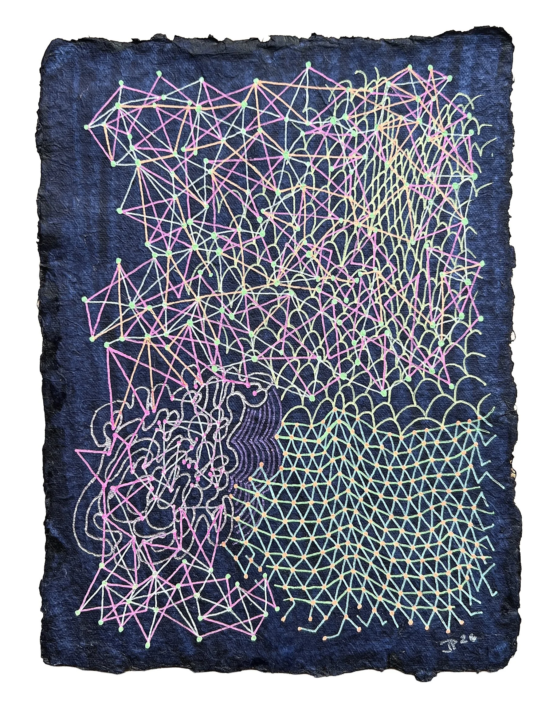 PLAMA PROTRUSION, GEL PEN ON HANDMADE INDIGO PAPER, 9.5X7" (24X18CM), 2025