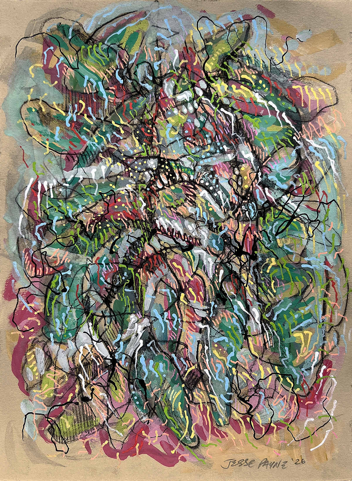 Transmission I, mixed media on paper, 11x8" (28x20cm), 2026