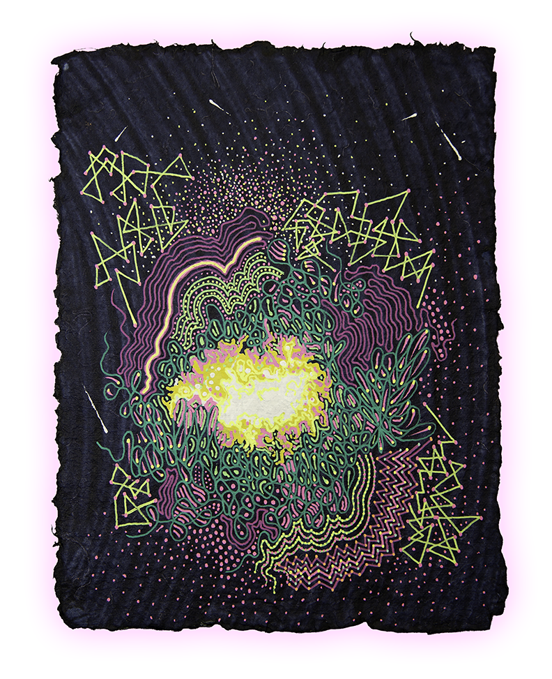 SOLAR SYNAPSE, GEL PEN ON HANDMADE INDIGO PAPER, 9.5X7" (24X18CM), 2026