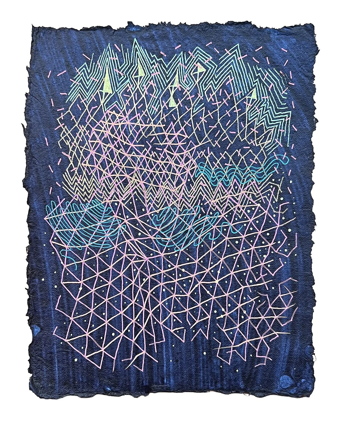 QUANTUM LATTICE, GEL PEN ON HANDMADE INDIGO PAPER, 9.5X7" (24X18CM), 2025