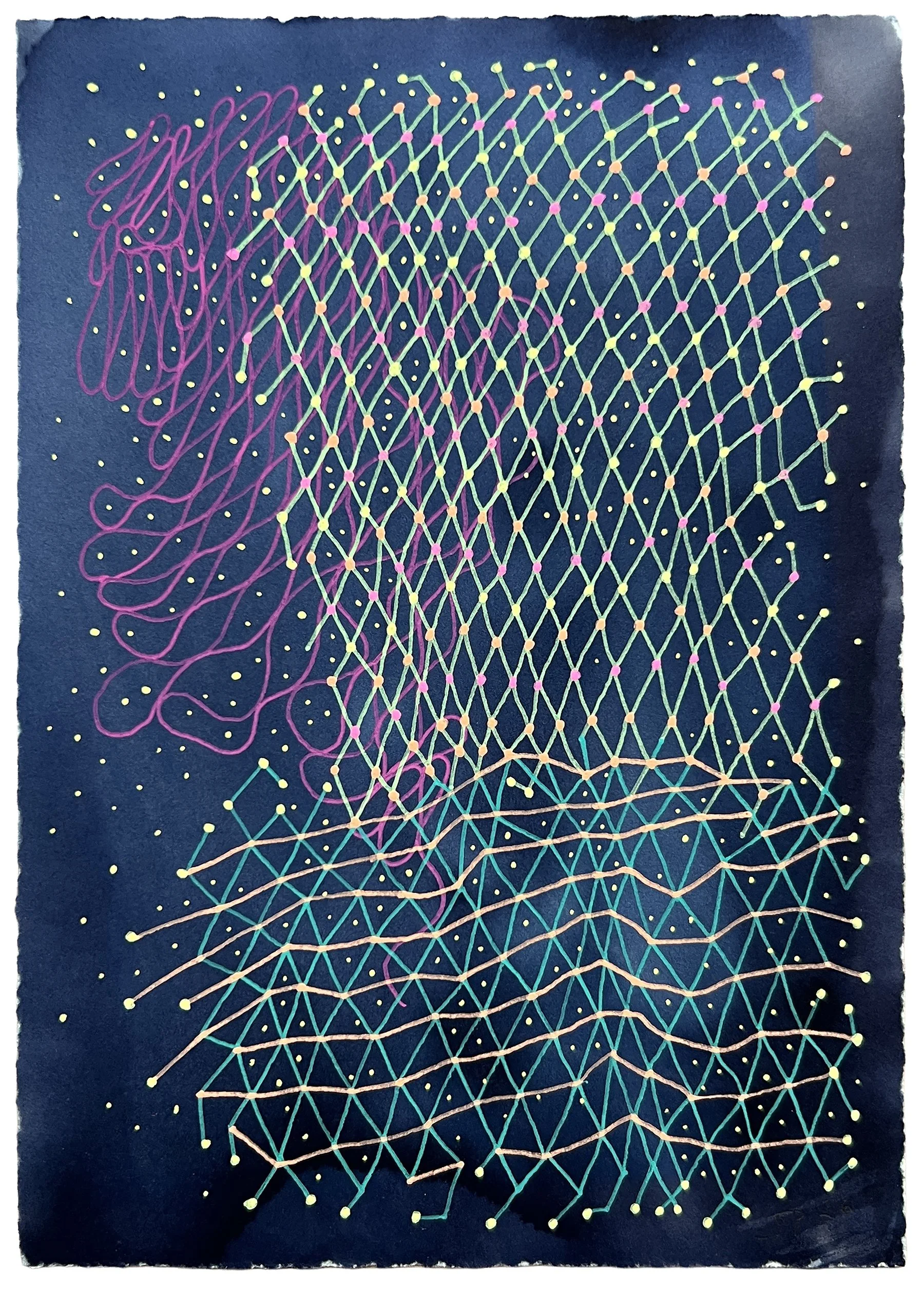 TEMPORAL LOOM, GEL PEN OVER CYANOTYPE ON PAPER, 8.5X6" (22X15CM), 2026