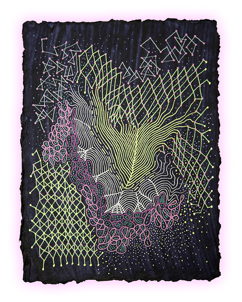 PLASMA PLUME, GEL PEN ON HANDMADE INDIGO PAPER, 9.5X7" (24X18CM), 2026