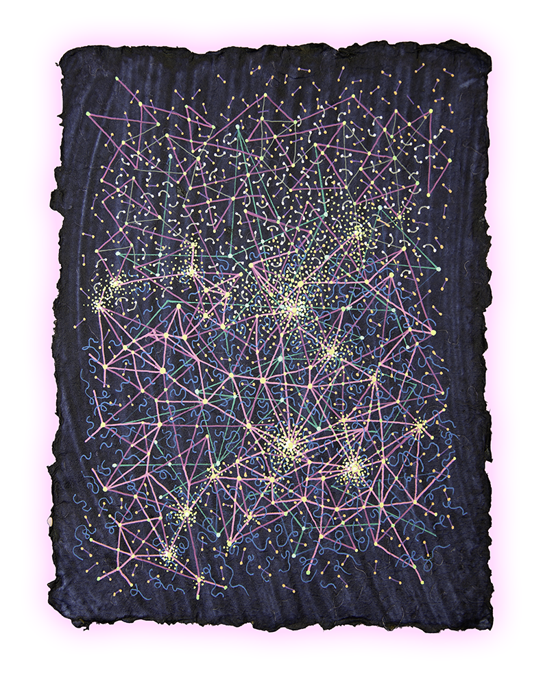 STELLAR SYNAPSE, GEL PEN ON HANDMADE INDIGO PAPER, 9.5X7" (24X18CM), 2026