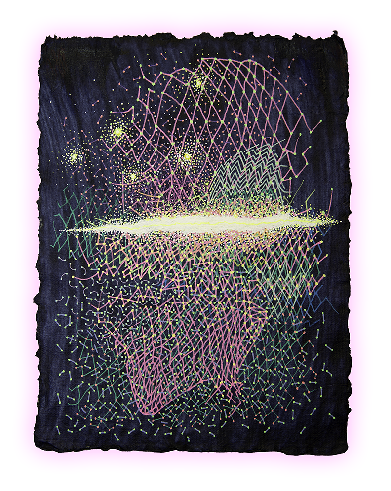 MIRROR HORIZON, GEL PEN ON HANDMADE INDIGO PAPER, 9.5X7" (24X18CM), 2026