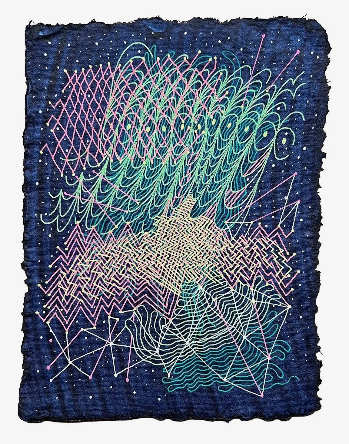 COSMIC COLLISION, GEL PEN ON HANDMADE INDIGO PAPER, 9.5X7" (24X18CM), 2025