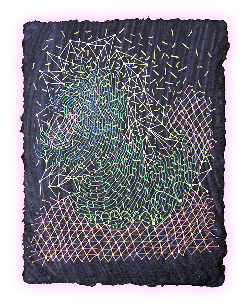 THUMBPRINT OF THE UNIVERSE, GEL PEN ON HANDMADE INDIGO PAPER, 9.5X7" (24X18CM), 2026