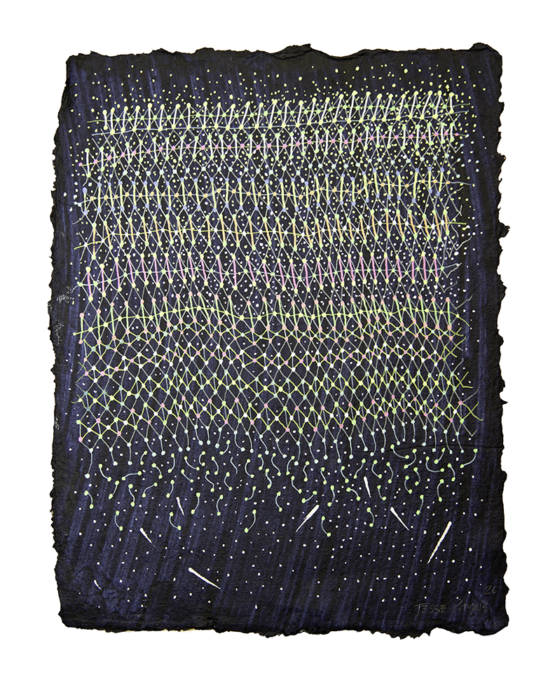 FALLING FREQUENCIES, GEL PEN ON HANDMADE INDIGO PAPER, 9.5X7" (24X18CM), 2026