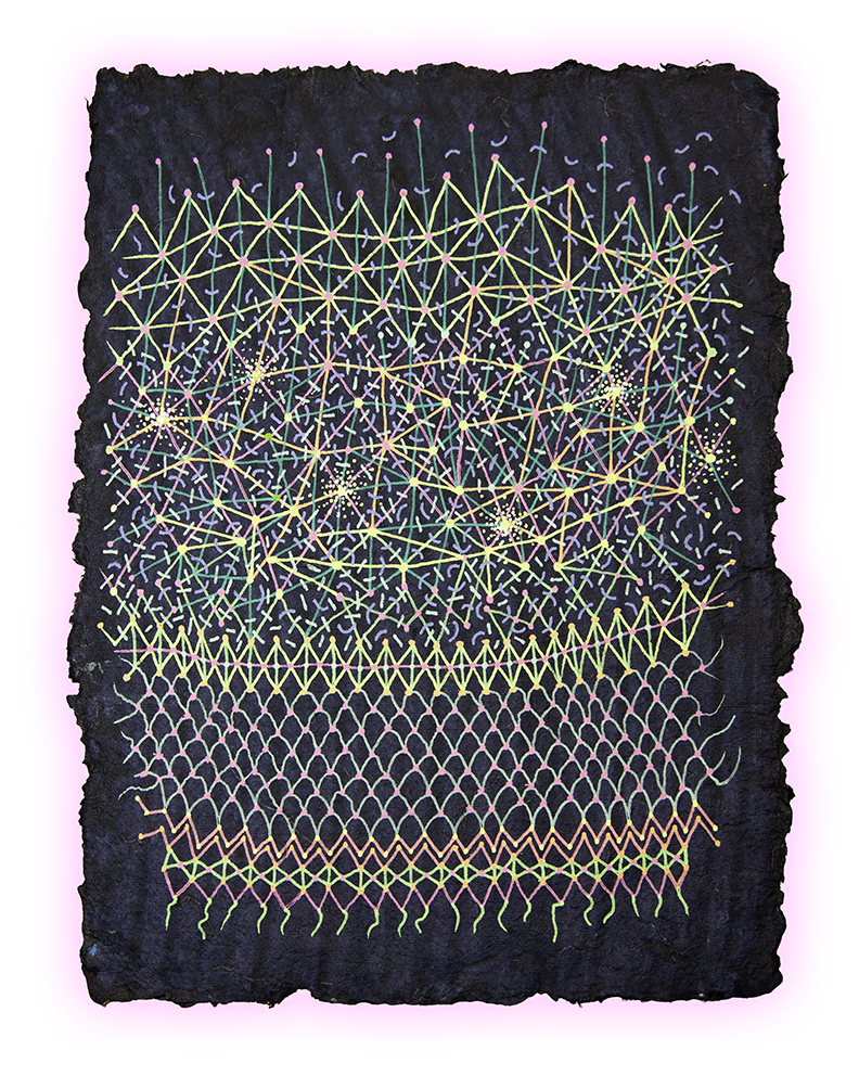 FREQUENCY STRATA, GEL PEN ON HANDMADE INDIGO PAPER, 9.5X7" (24X18CM), 2026