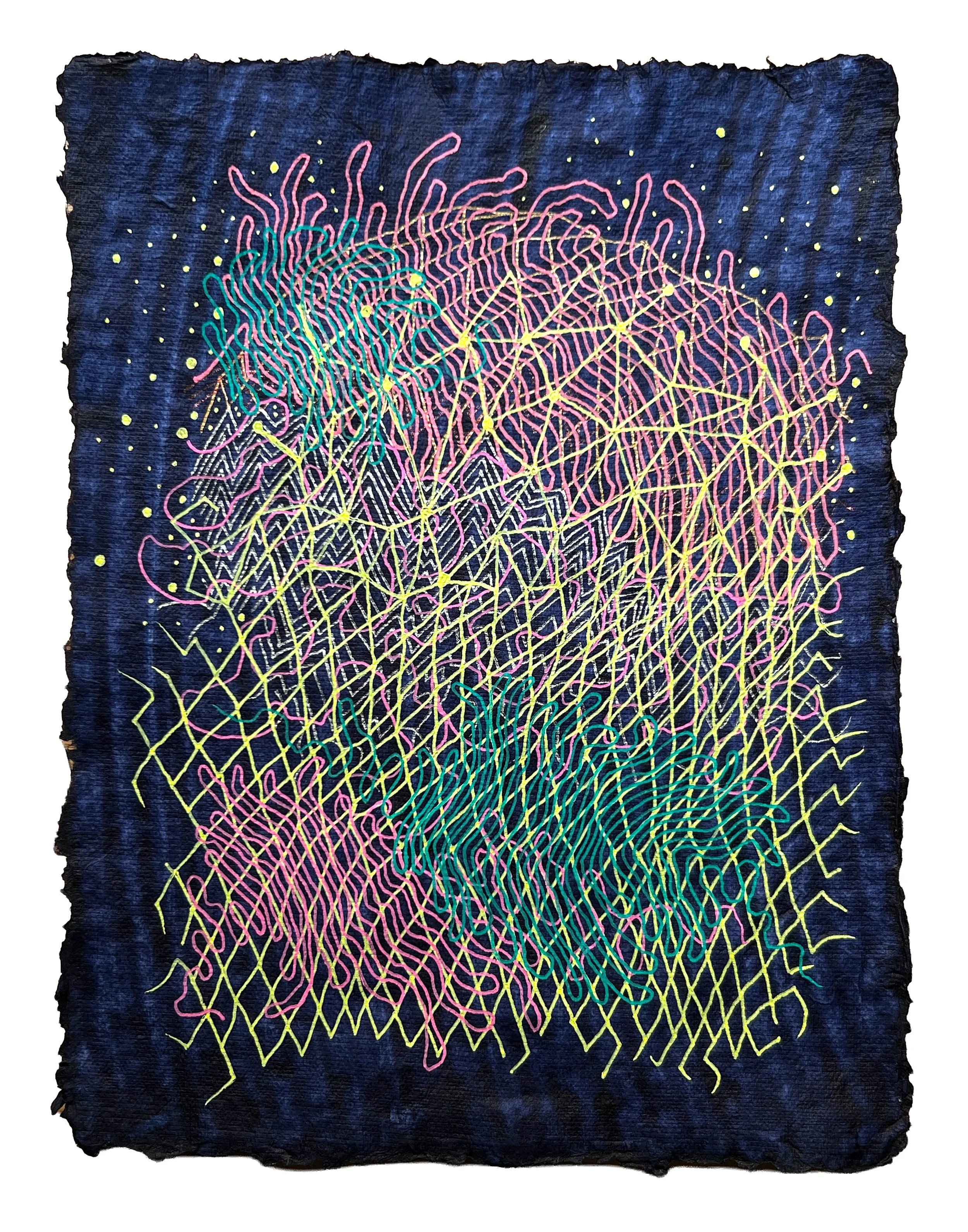 NEURAL NETWORK, GEL PEN ON HANDMADE INDIGO PAPER, 9.5X7" (24X18CM), 2025