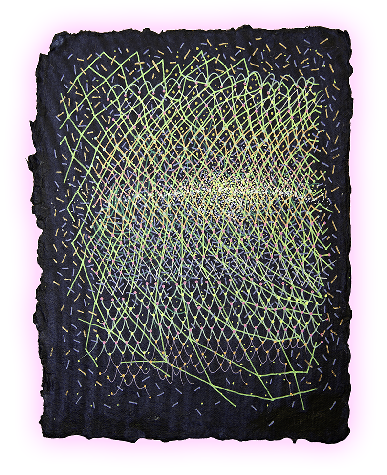 SIGNAL DRIFT, GEL PEN ON HANDMADE INDIGO PAPER, 9.5X7" (24X18CM), 2026