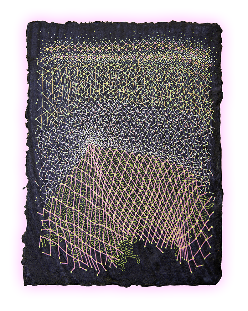 CHAIN-LINK COSMOS, GEL PEN ON HANDMADE INDIGO PAPER, 9.5X7" (24X18CM), 2026