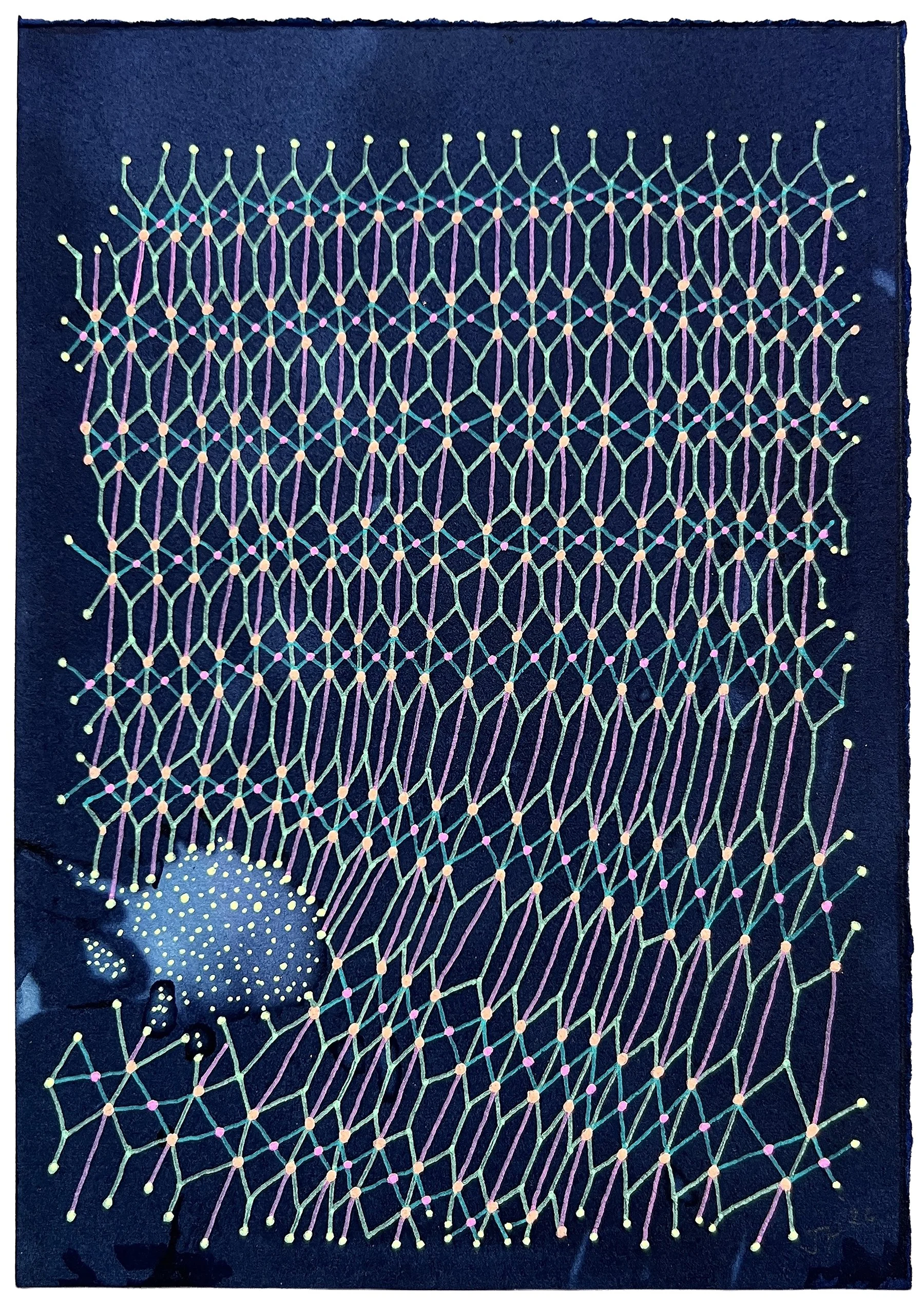 DISRUPTION IN THE FABRIC OF TIME, GEL PEN OVER CYANOTYPE ON PAPER, 8.5X6" (22X15CM), 2026