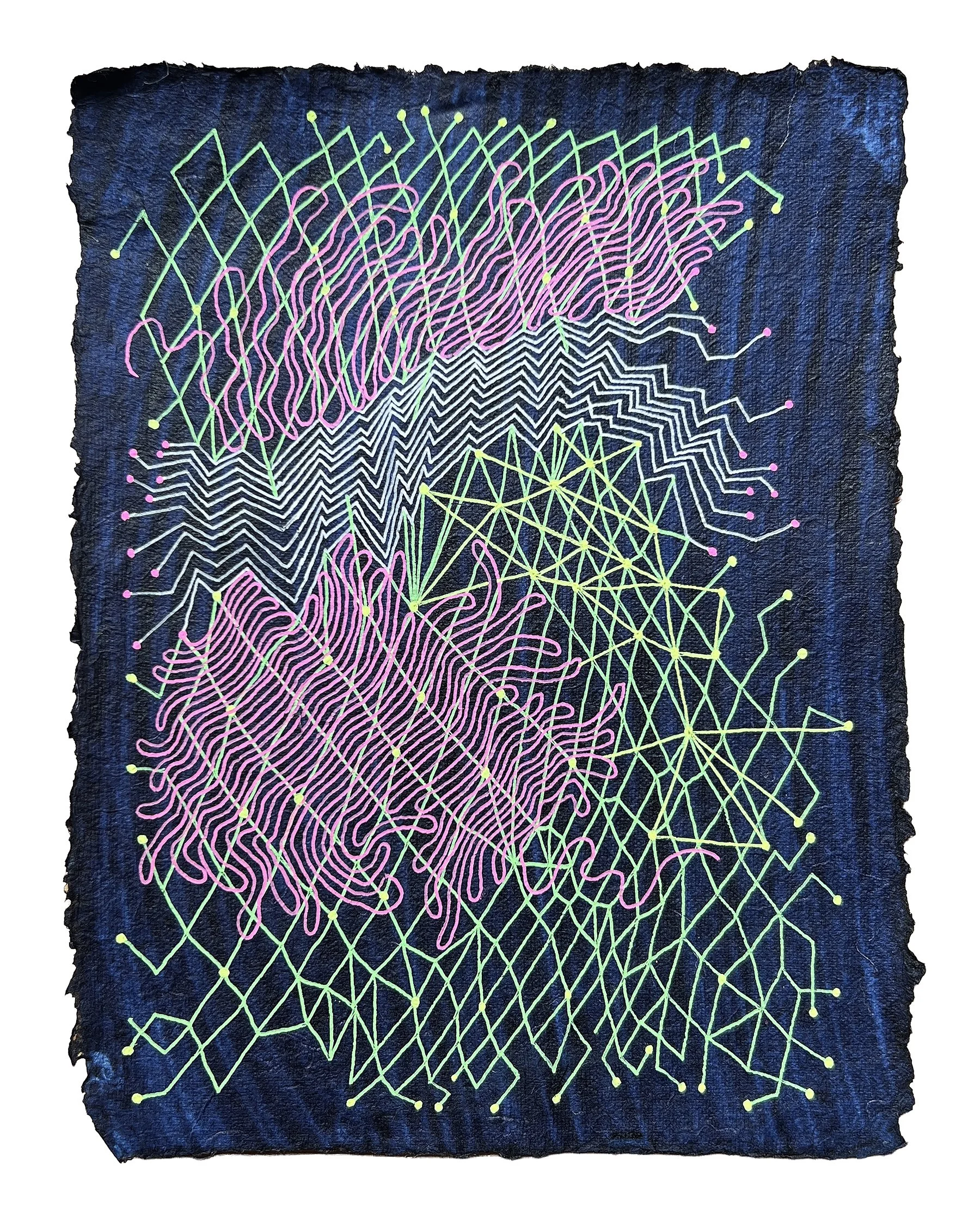 COGNITIVE COLLISION, GEL PEN ON HANDMADE INDIGO PAPER, 9.5X7" (24X18CM), 2025