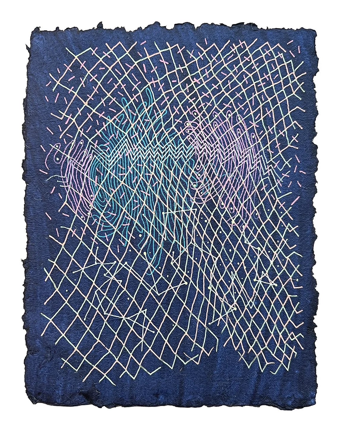 QUANTUM MESH, GEL PEN ON HANDMADE INDIGO PAPER, 9.5X7" (24X18CM), 2025