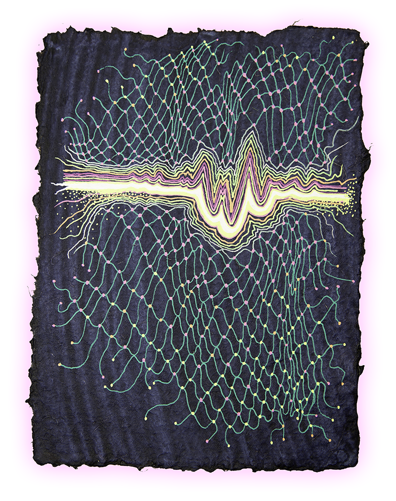 SEISMIC SIGNAL, GEL PEN ON HANDMADE INDIGO PAPER, 9.5X7" (24X18CM), 2026