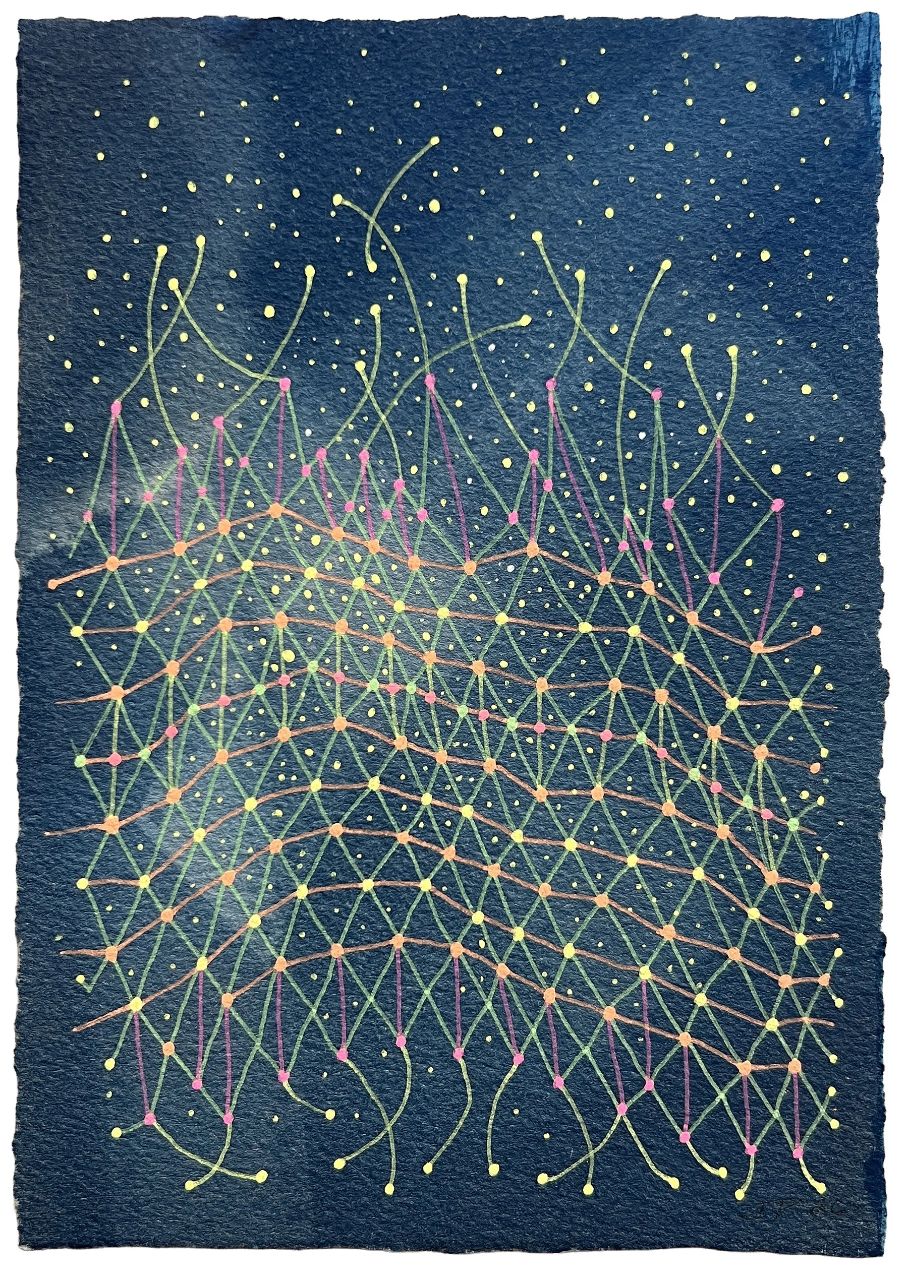 GATHERED THREAD, GEL PEN OVER CYANOTYPE ON PAPER, 8.5X6" (22X15CM), 2026