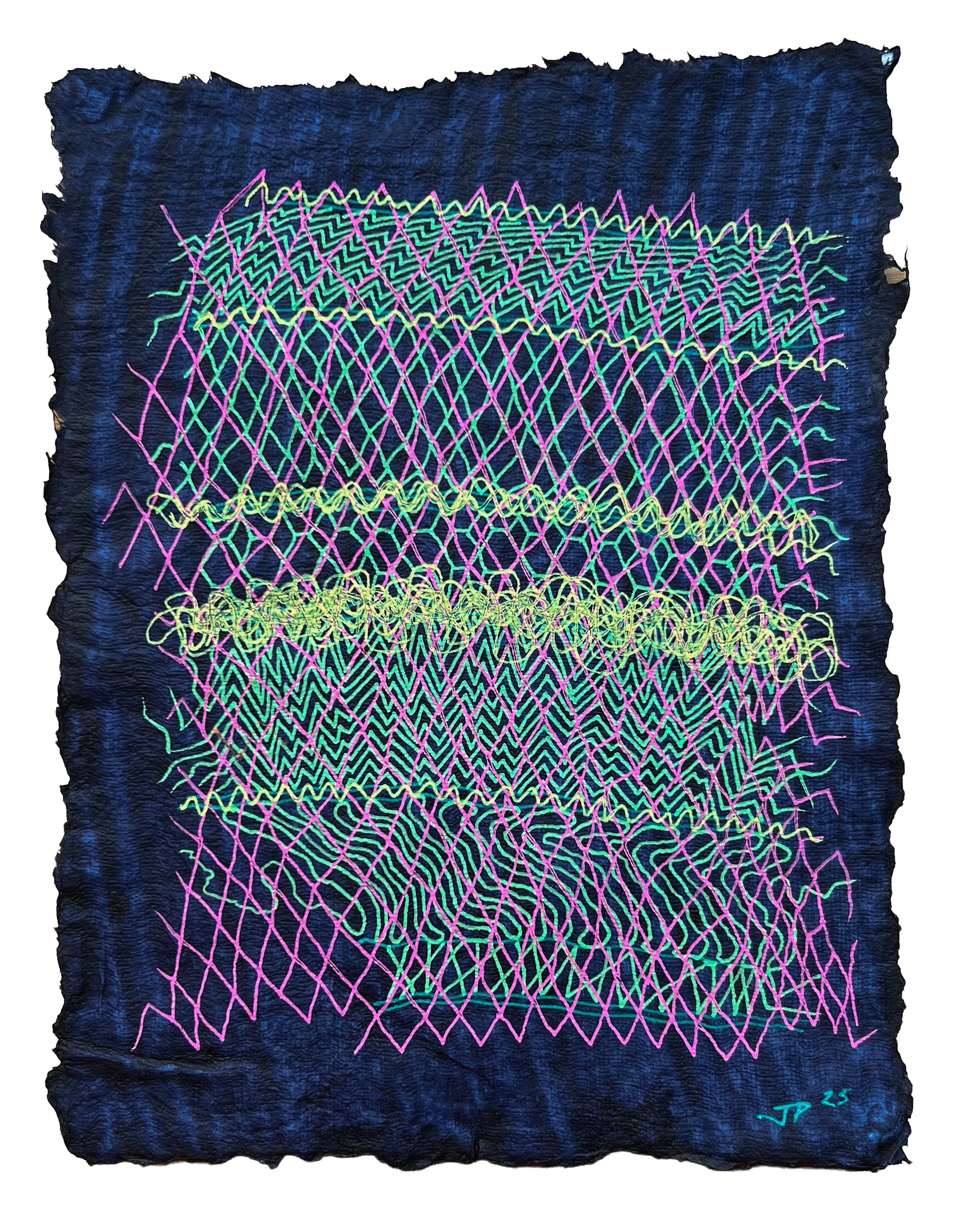 TRANS-DIMENSIONAL MESH, GEL PEN ON HANDMADE INDIGO PAPER, 9.5X7" (24X18CM), 2025