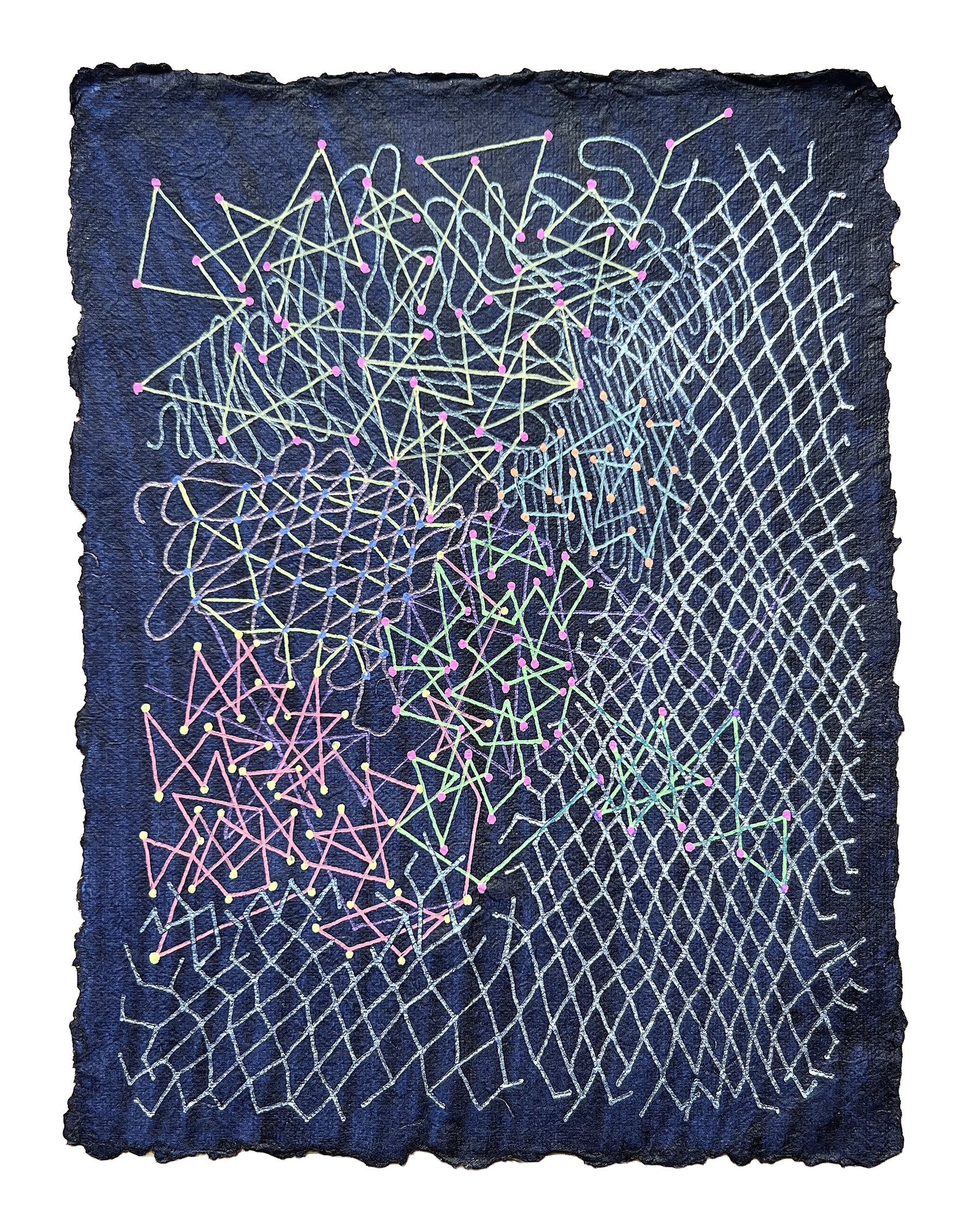 MOLECULE MADNESS, GEL PEN ON HANDMADE INDIGO PAPER, 9.5X7" (24X18CM), 2025