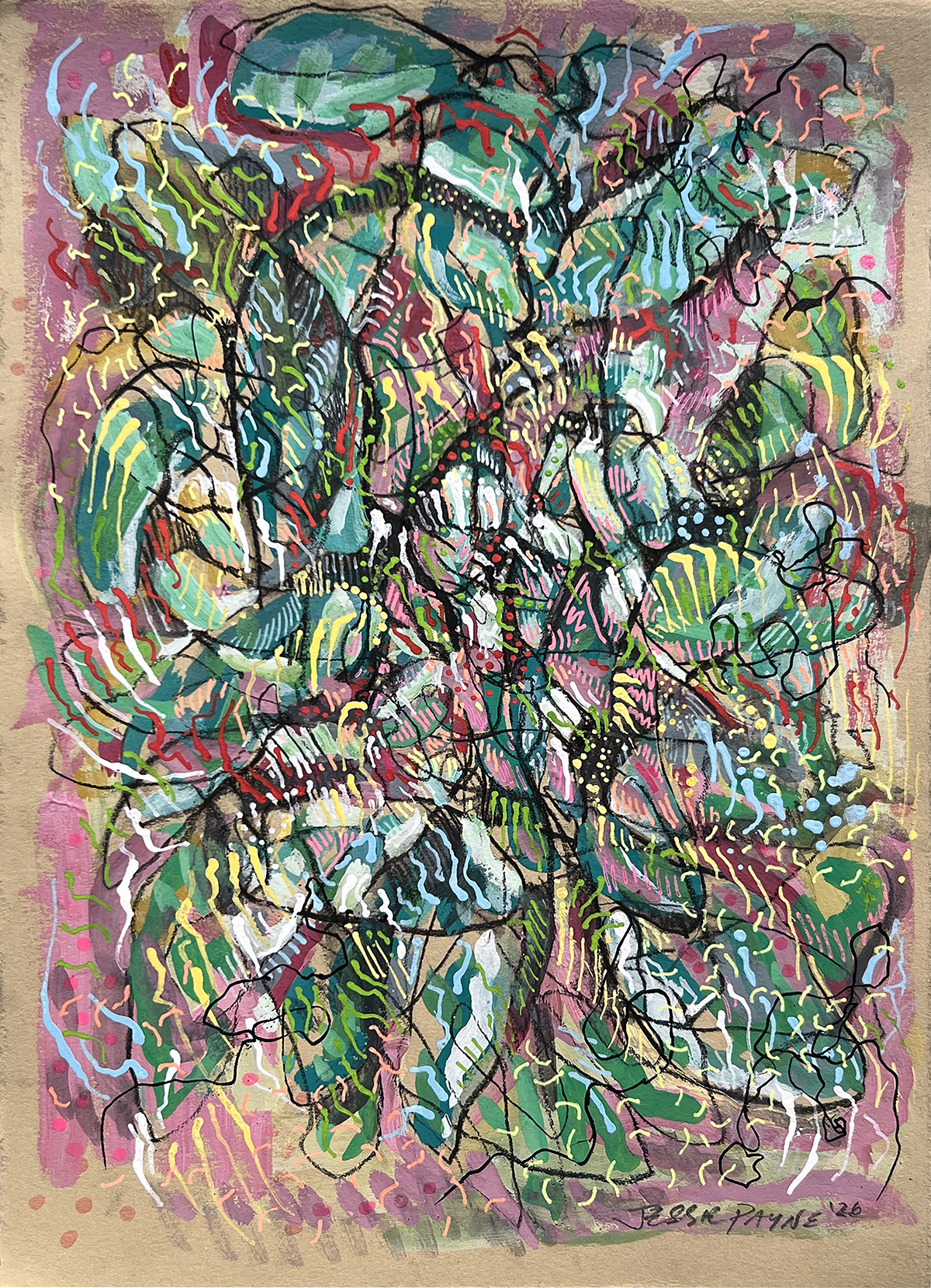 Transmission II, mixed media on paper, 11x8" (28x20cm), 2026