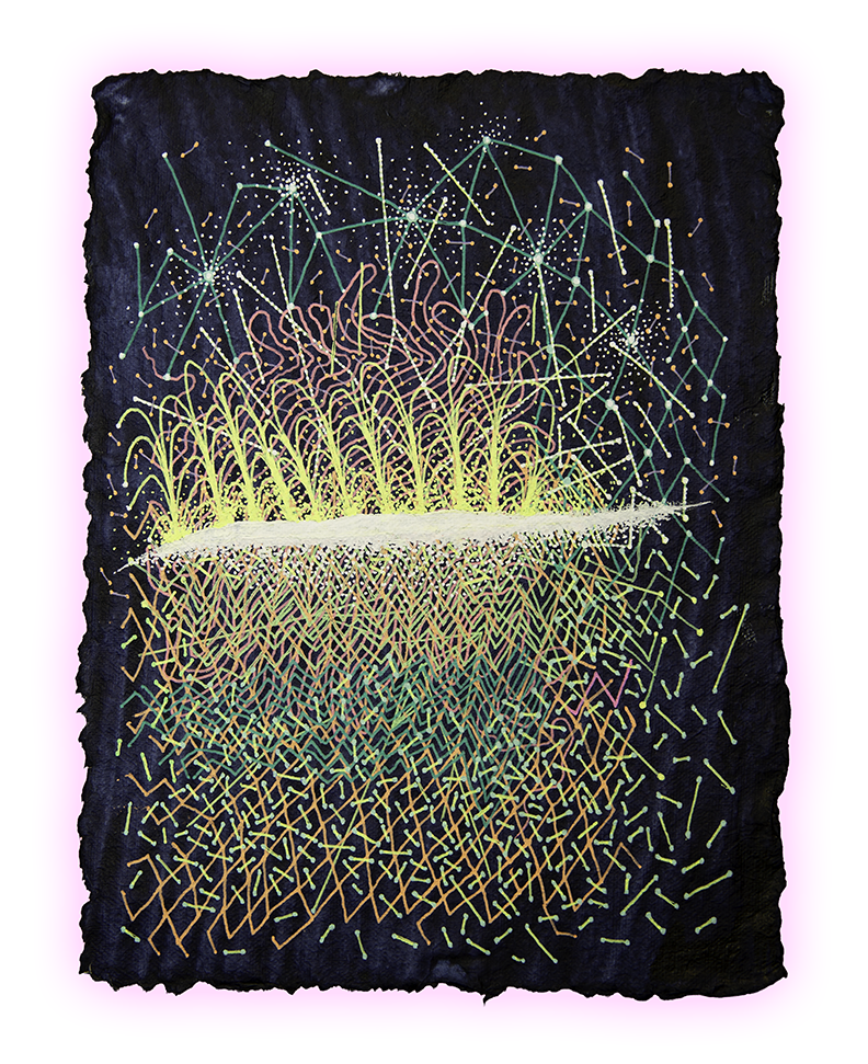 ELECTRIC MERIDIAN, GEL PEN ON HANDMADE INDIGO PAPER, 9.5X7" (24X18CM), 2026