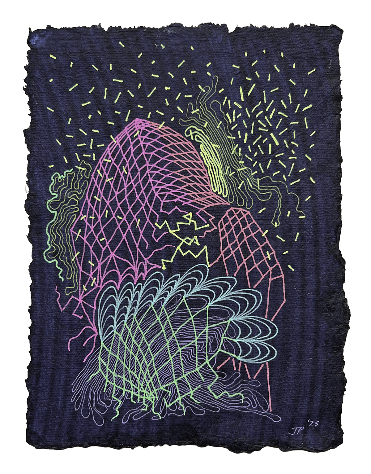 EVENT HORIZON, GEL PEN ON HANDMADE INDIGO PAPER, 9.5X7" (24X18CM), 2025