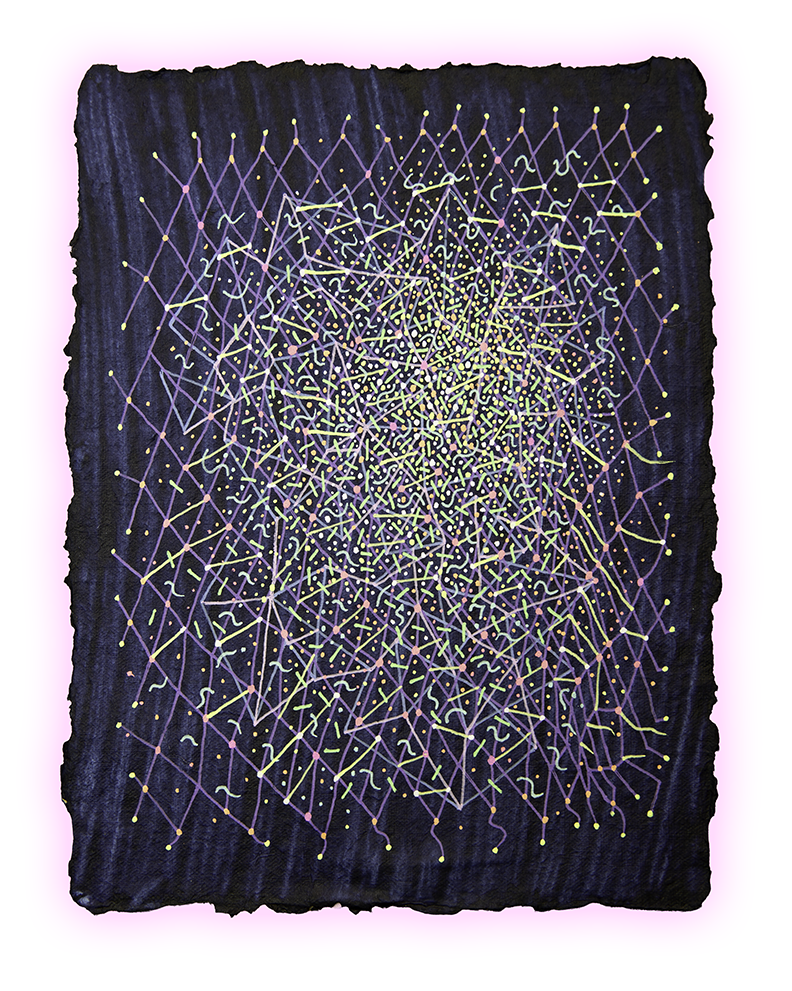VIOLET VIBRATION, GEL PEN ON HANDMADE INDIGO PAPER, 9.5X7" (24X18CM), 2026