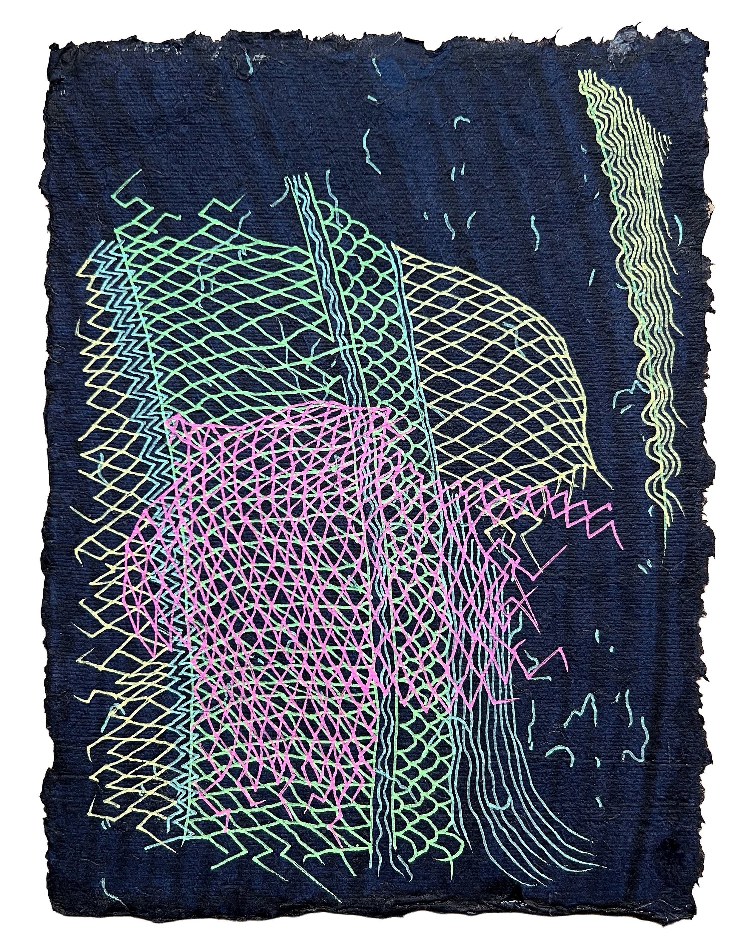 SADU SCRIBBLES, GEL PEN ON HANDMADE INDIGO PAPER, 9.5X7" (24X18CM), 2025