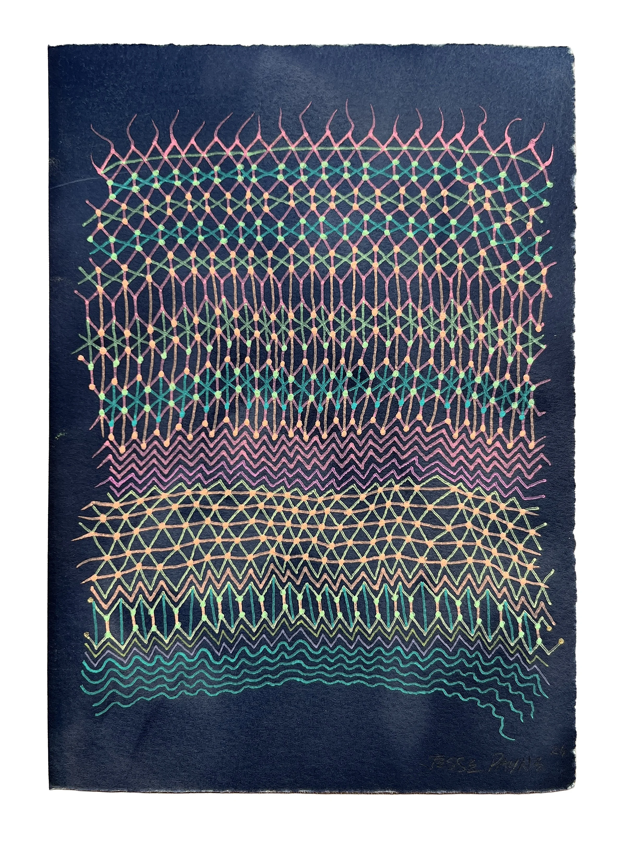 ENCODED WEAVE, GEL PEN OVER CYANOTYPE ON PAPER, 8.5X6" (22X15CM), 2026