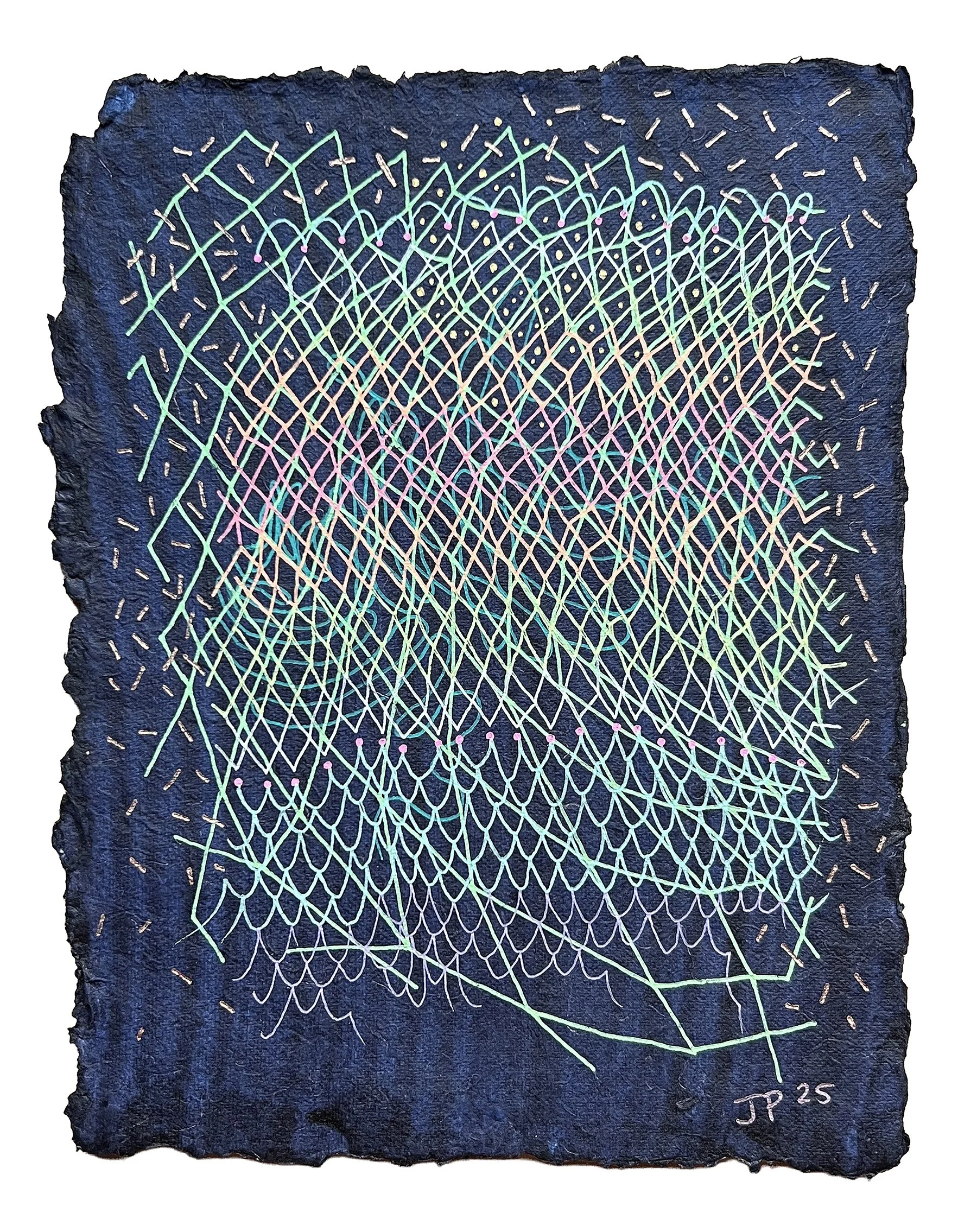 FABRIC OF TIME/SPACE, GEL PEN ON HANDMADE INDIGO PAPER, 9.5X7" (24X18CM), 2025