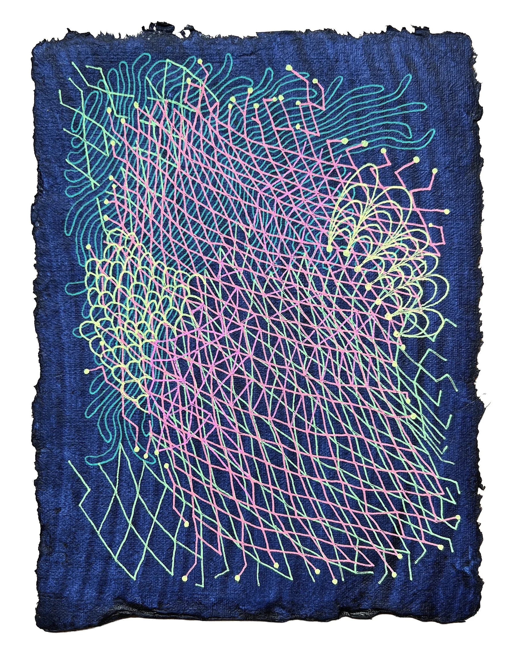 NEURAL MESH, GEL PEN ON HANDMADE INDIGO PAPER, 9.5X7" (24X18CM), 2025