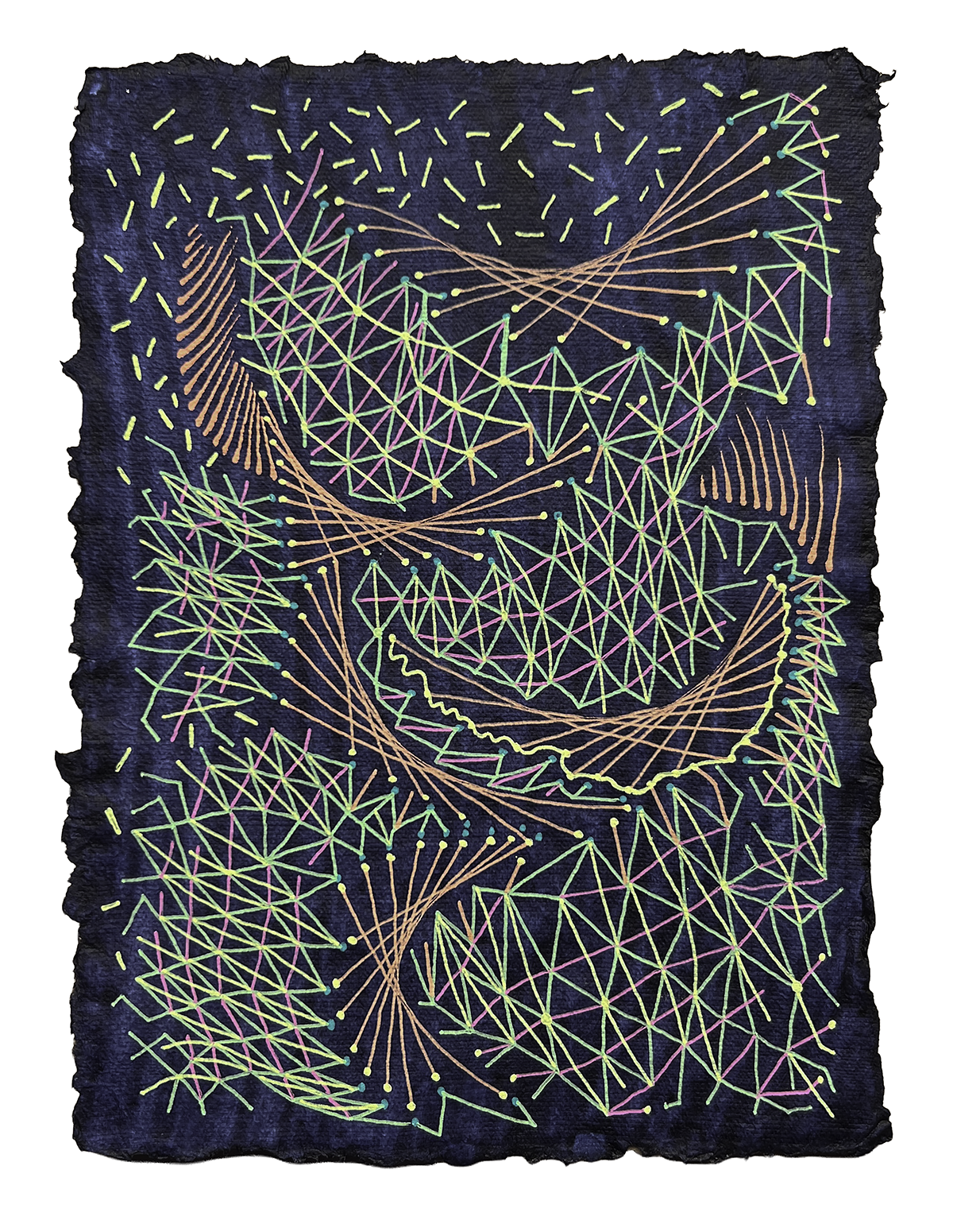 PARABOLIC PARADISE, GEL PEN ON HANDMADE INDIGO PAPER, 9.5X7" (24X18CM), 2025