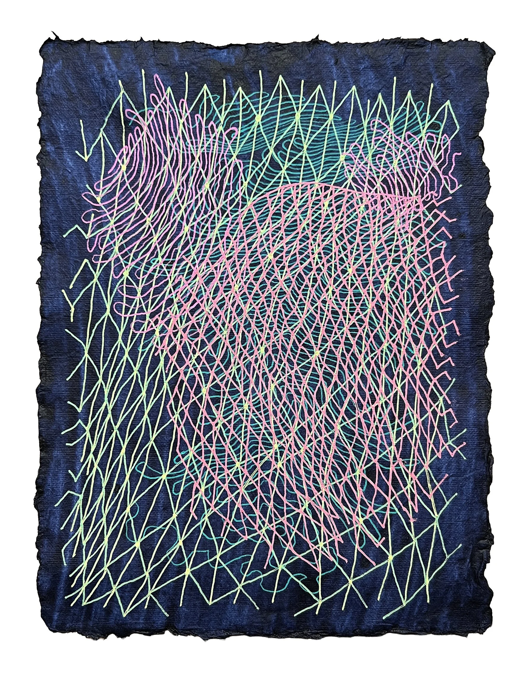 COGNITIVE CONFUSION, GEL PEN ON HANDMADE INDIGO PAPER, 9.5X7" (24X18CM), 2025