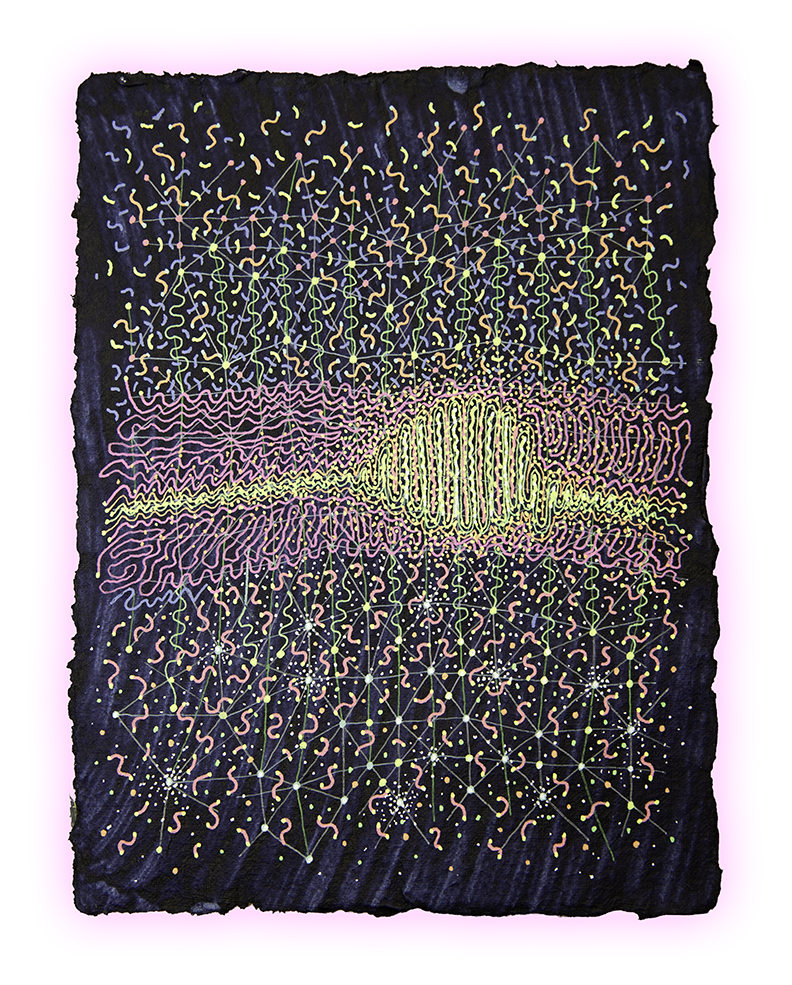 HEARTBEAT HOTLINE, GEL PEN ON HANDMADE INDIGO PAPER, 9.5X7" (24X18CM), 2026