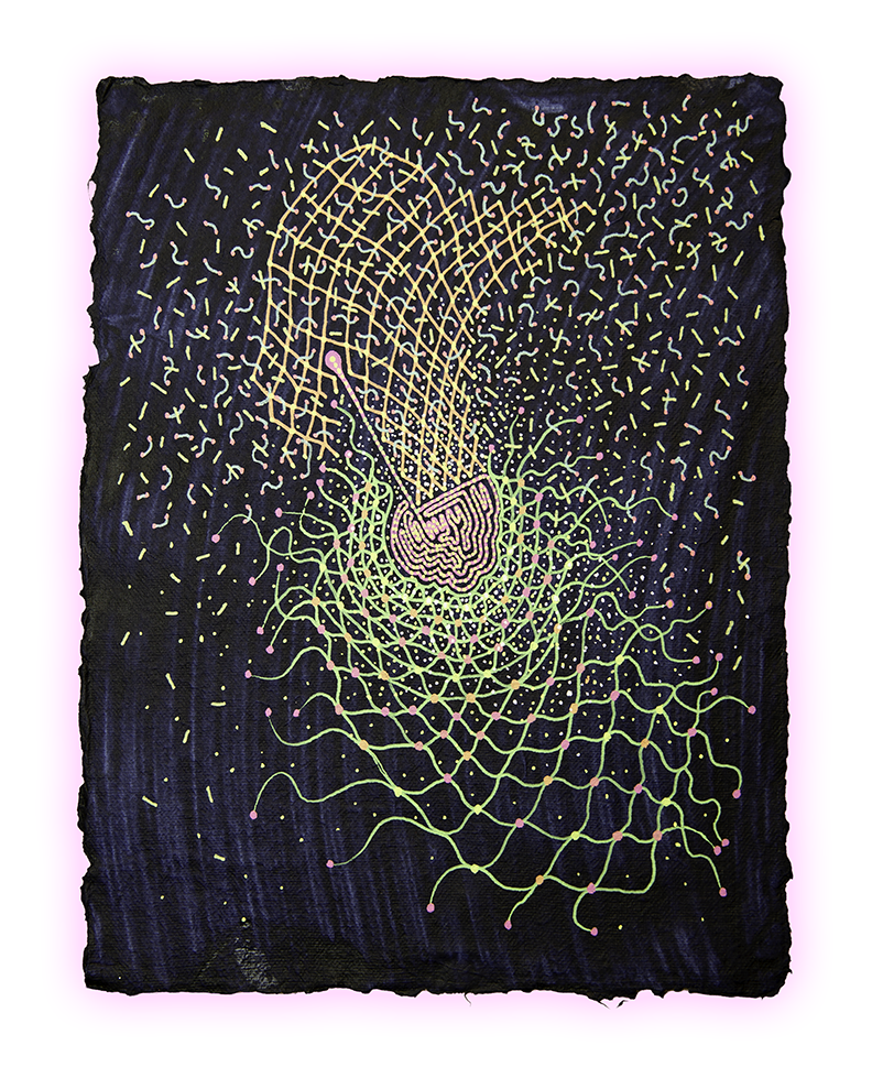 COMET CRADLE, GEL PEN ON HANDMADE INDIGO PAPER, 9.5X7" (24X18CM), 2026