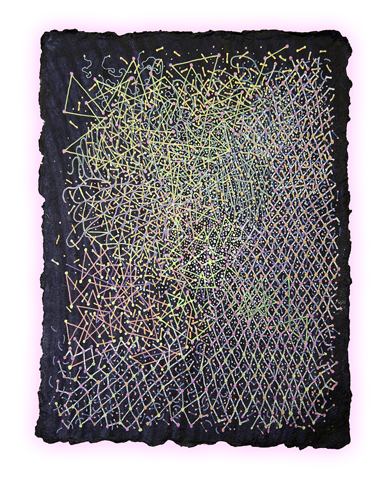 PARTICLE PANDEMONIUM, GEL PEN ON HANDMADE INDIGO PAPER, 9.5X7" (24X18CM), 2026