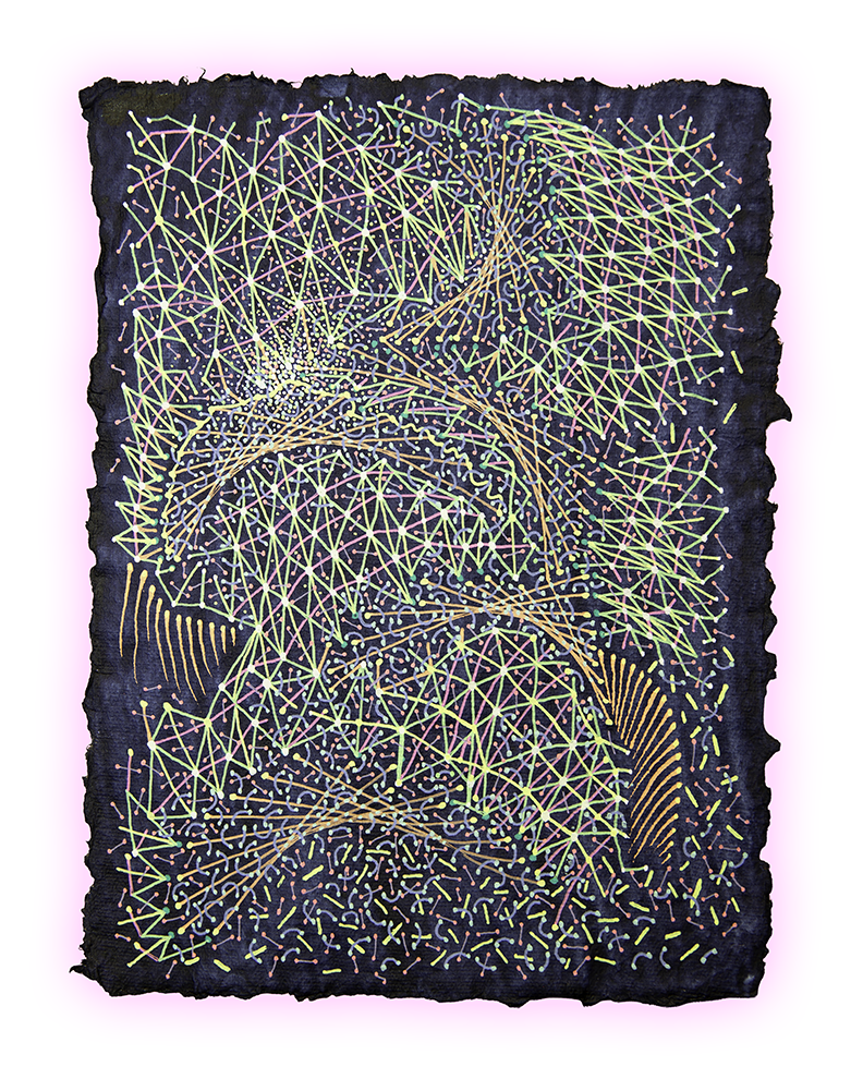 SPARK SPECTRUM, GEL PEN ON HANDMADE INDIGO PAPER, 9.5X7" (24X18CM), 2026
