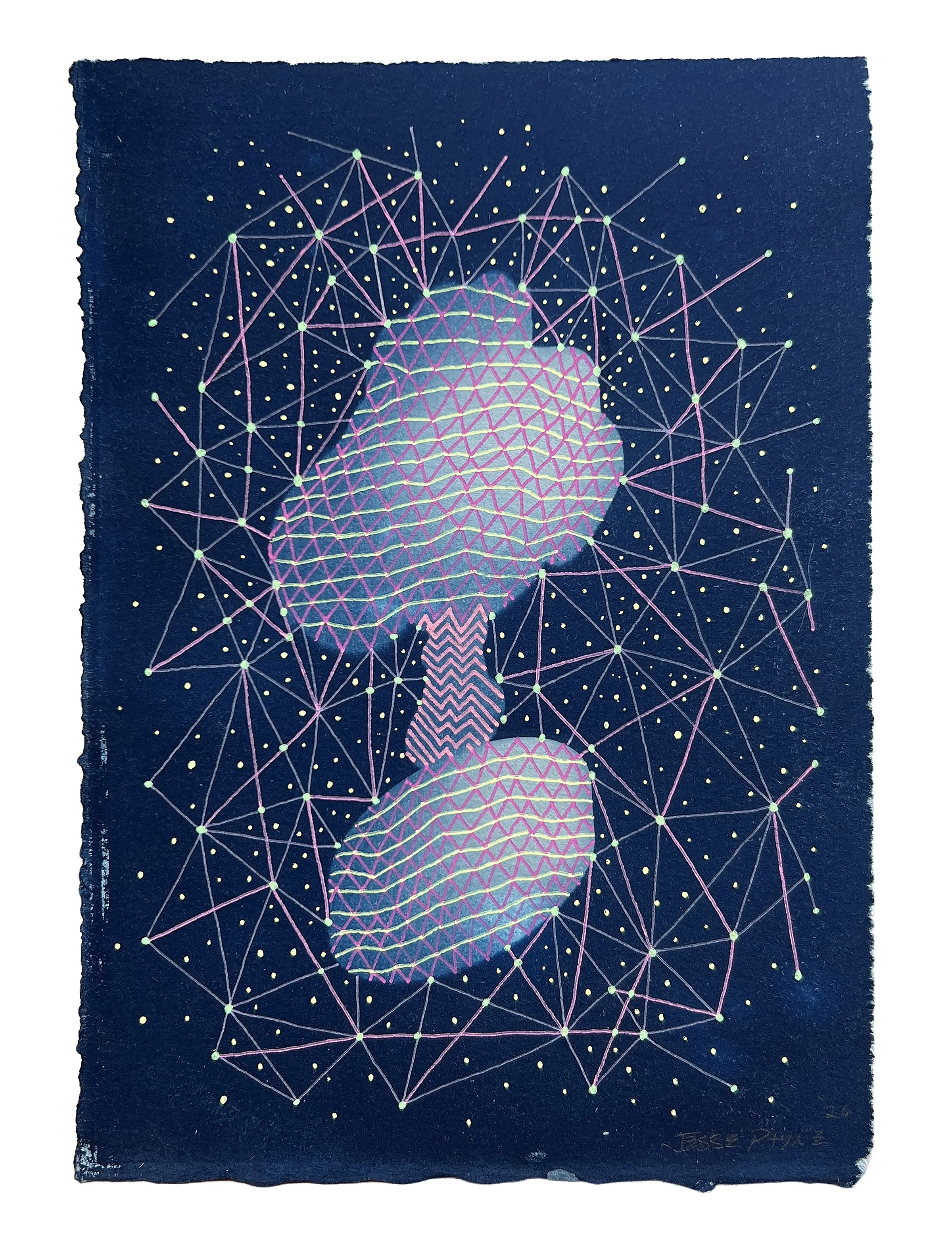 COSMIC WEAVE, GEL PEN OVER CYANOTYPE ON PAPER, 10X7" (25X18CM), 2026