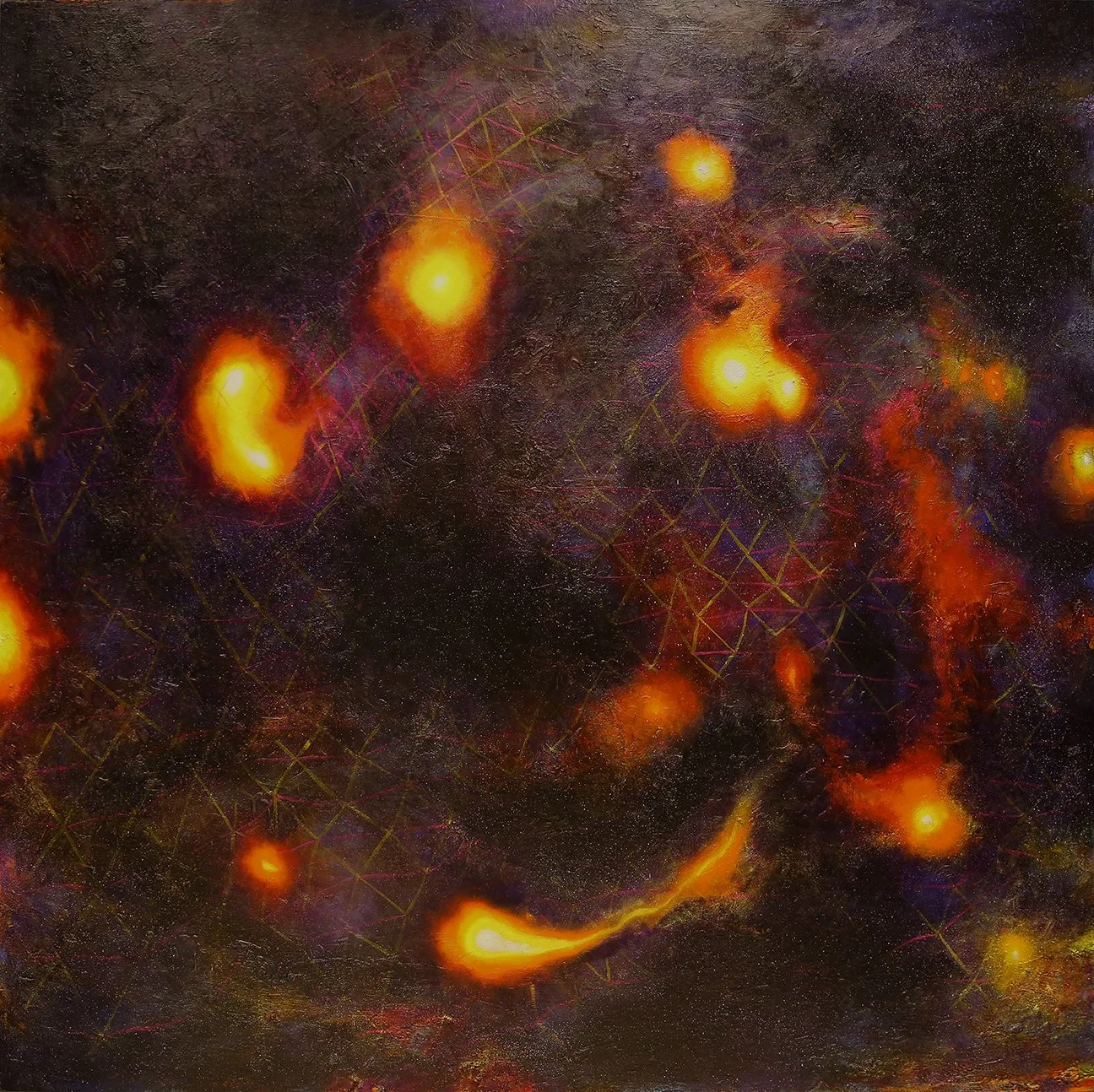 Able to Change Directions Quickly and Simultaneously — oil on canvas over earlier painting, 72×72" (183×183 cm), 2026
(source: Department of War mission report, Middle East, July 2025 — “six small spherical objects grouped together... able to change 