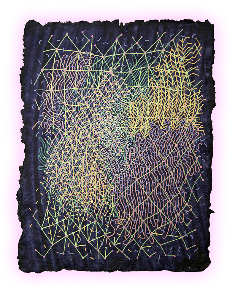 BORDER FREQUENCIES, GEL PEN ON HANDMADE INDIGO PAPER, 9.5X7" (24X18CM), 2026