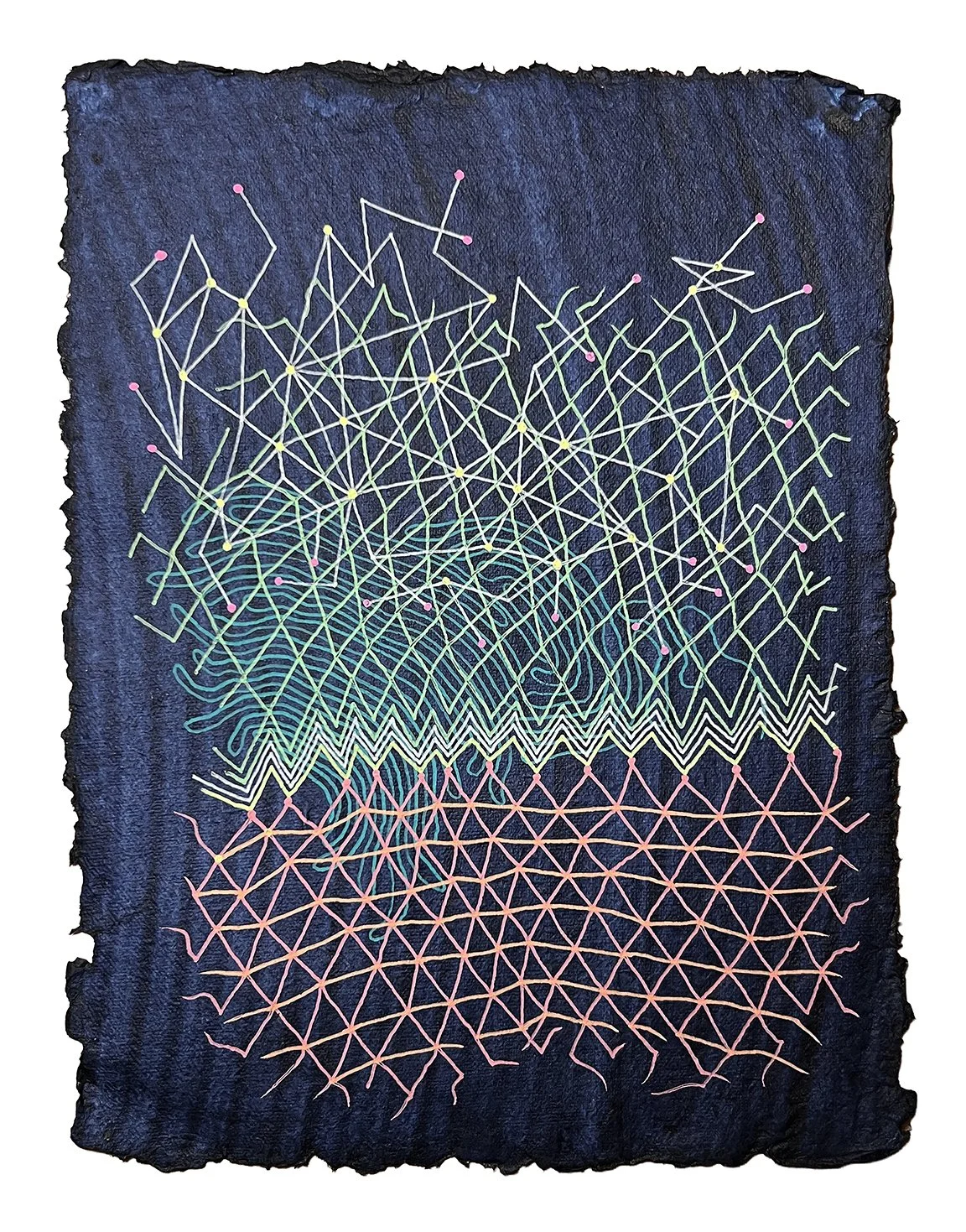 STREAM OF CONSCIOUSNESS, GEL PEN ON HANDMADE INDIGO PAPER, 9.5X7" (24X18CM), 2025