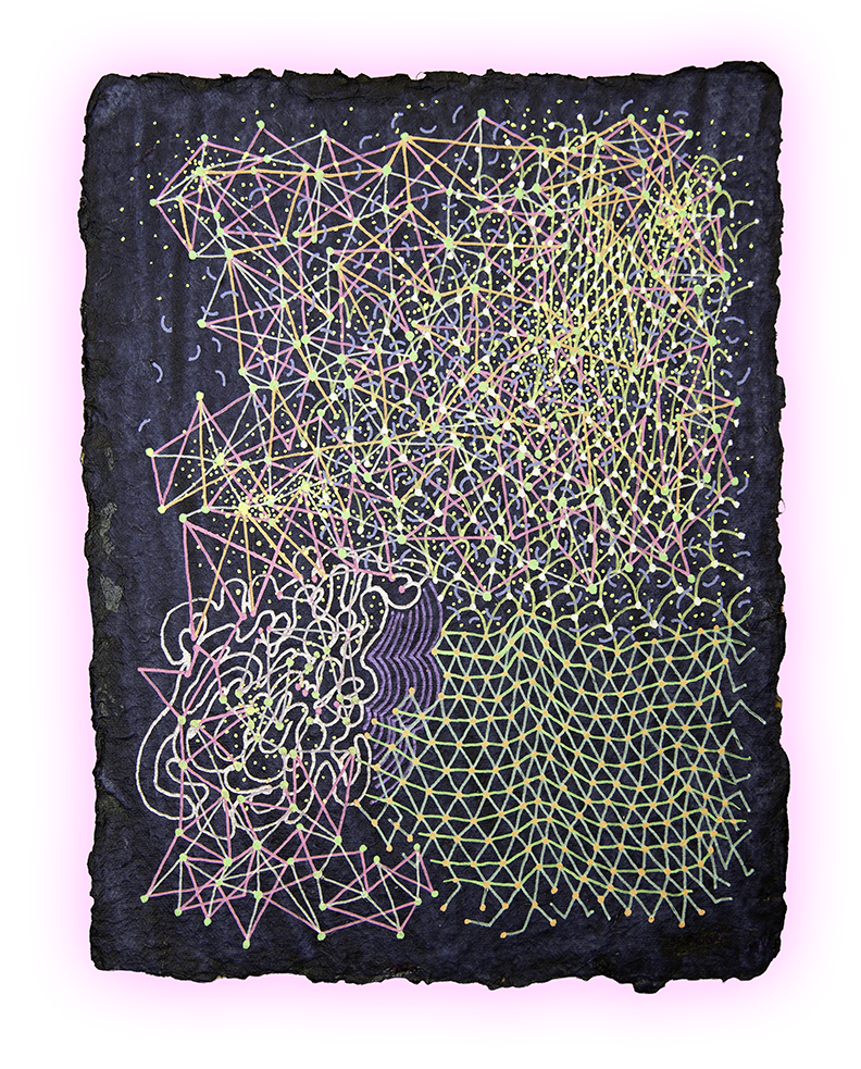 JAMMED TRANSMISSION, GEL PEN ON HANDMADE INDIGO PAPER, 9.5X7" (24X18CM), 2026
